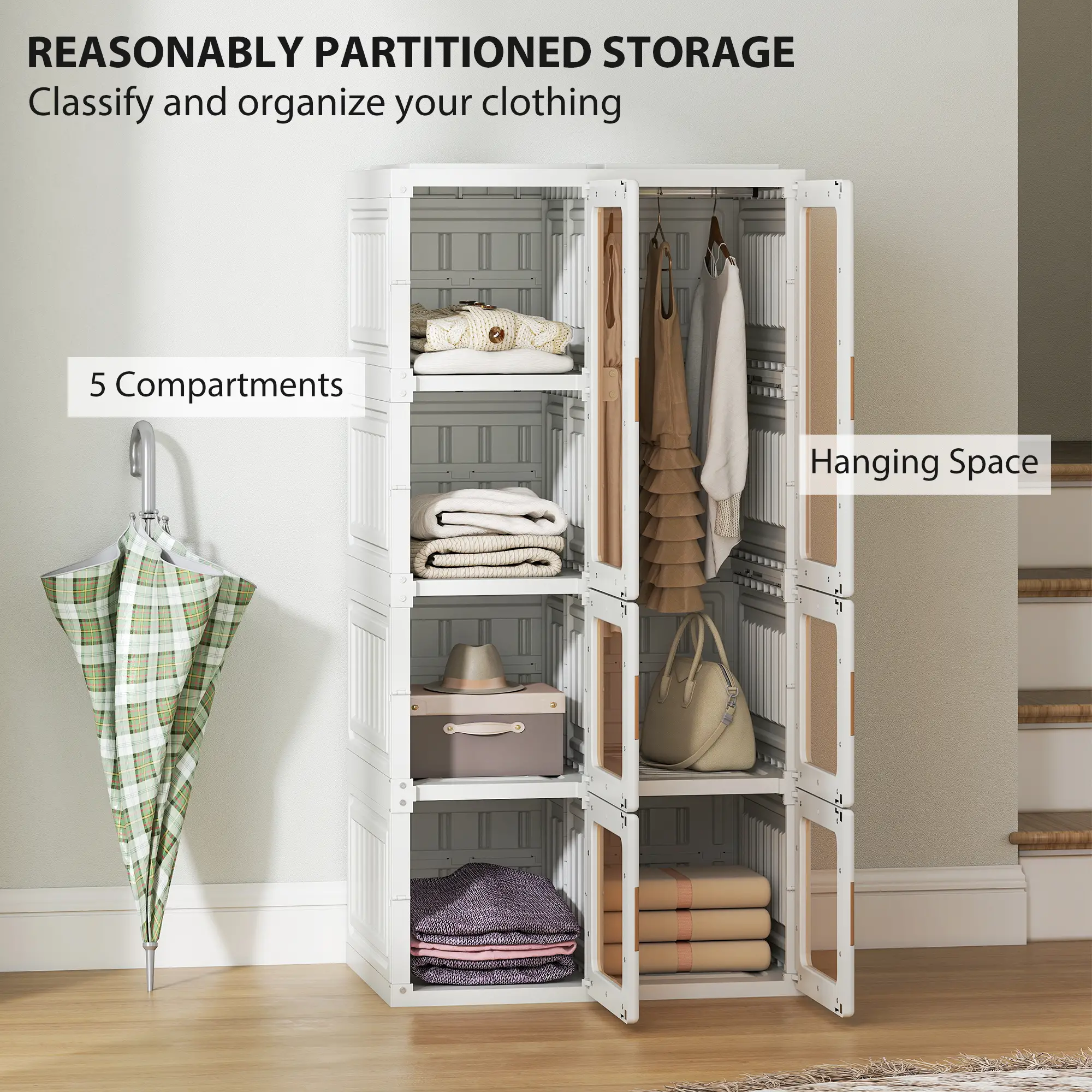 Portable Wardrobe, Foldable Plastic Closet, 5 Compartments, Hanging Rod, White - Image 4