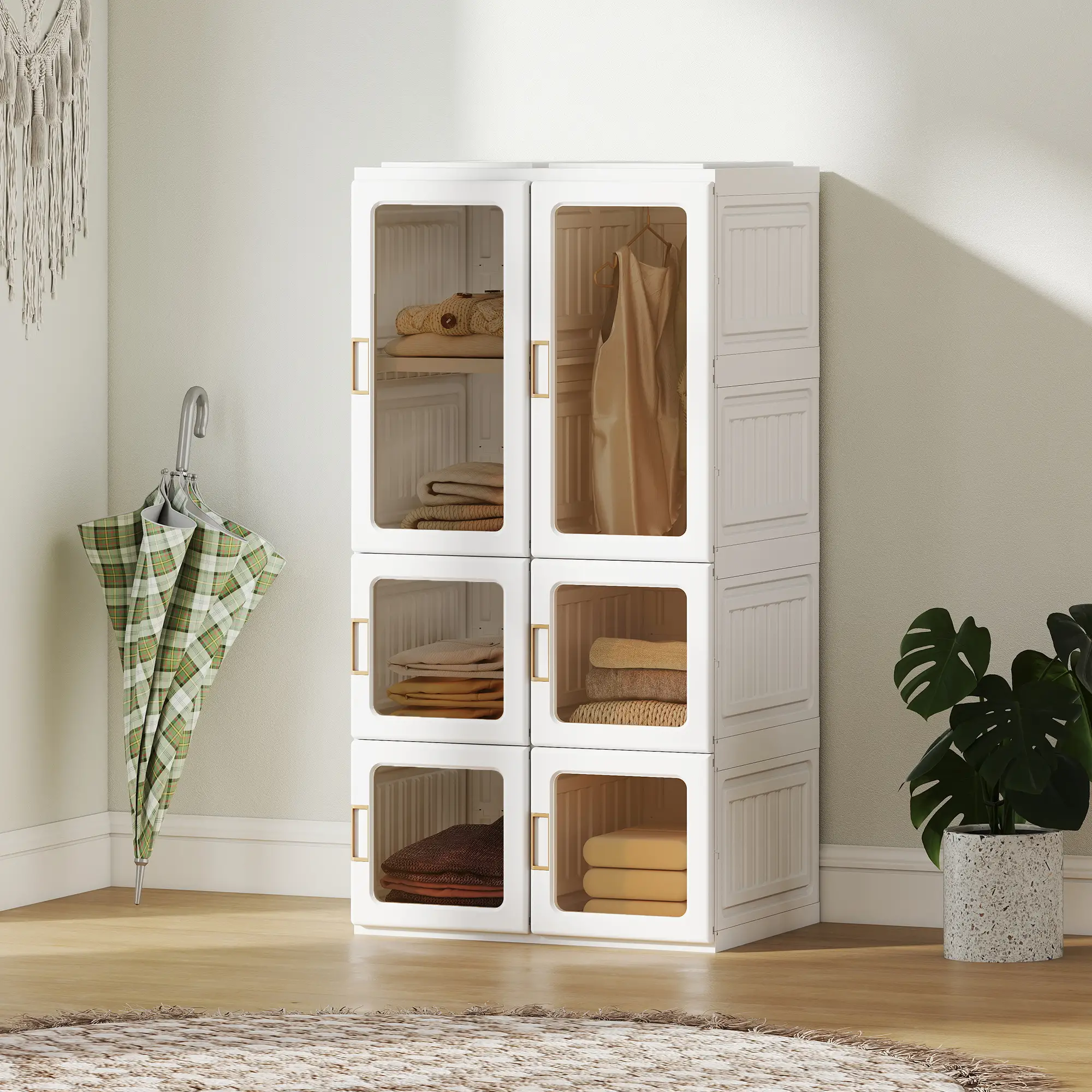 Portable Wardrobe, Foldable Plastic Closet, 5 Compartments, Hanging Rod, White - Image 8