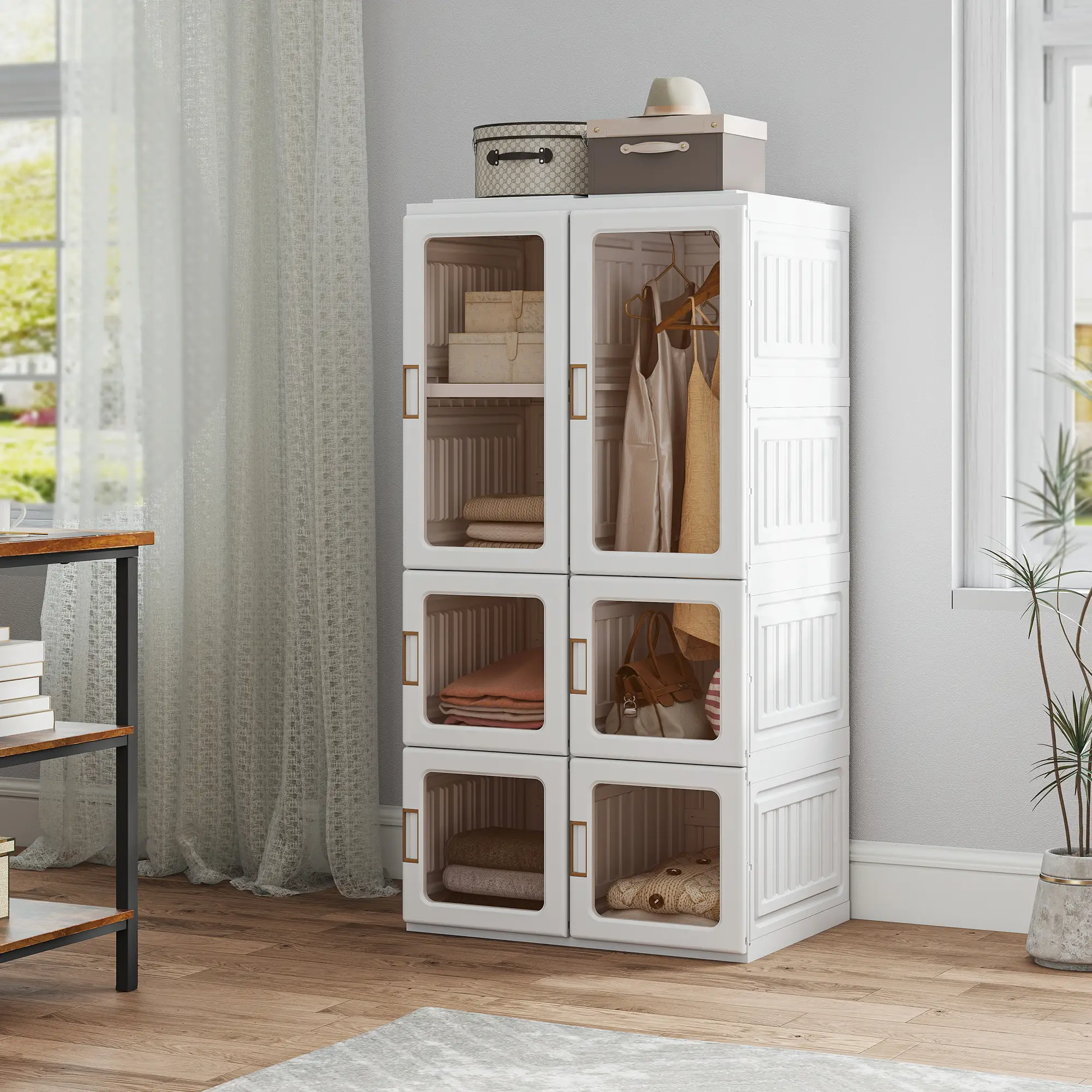 Portable Wardrobe, Foldable Plastic Closet, 5 Compartments, Hanging Rod, White - Image 9