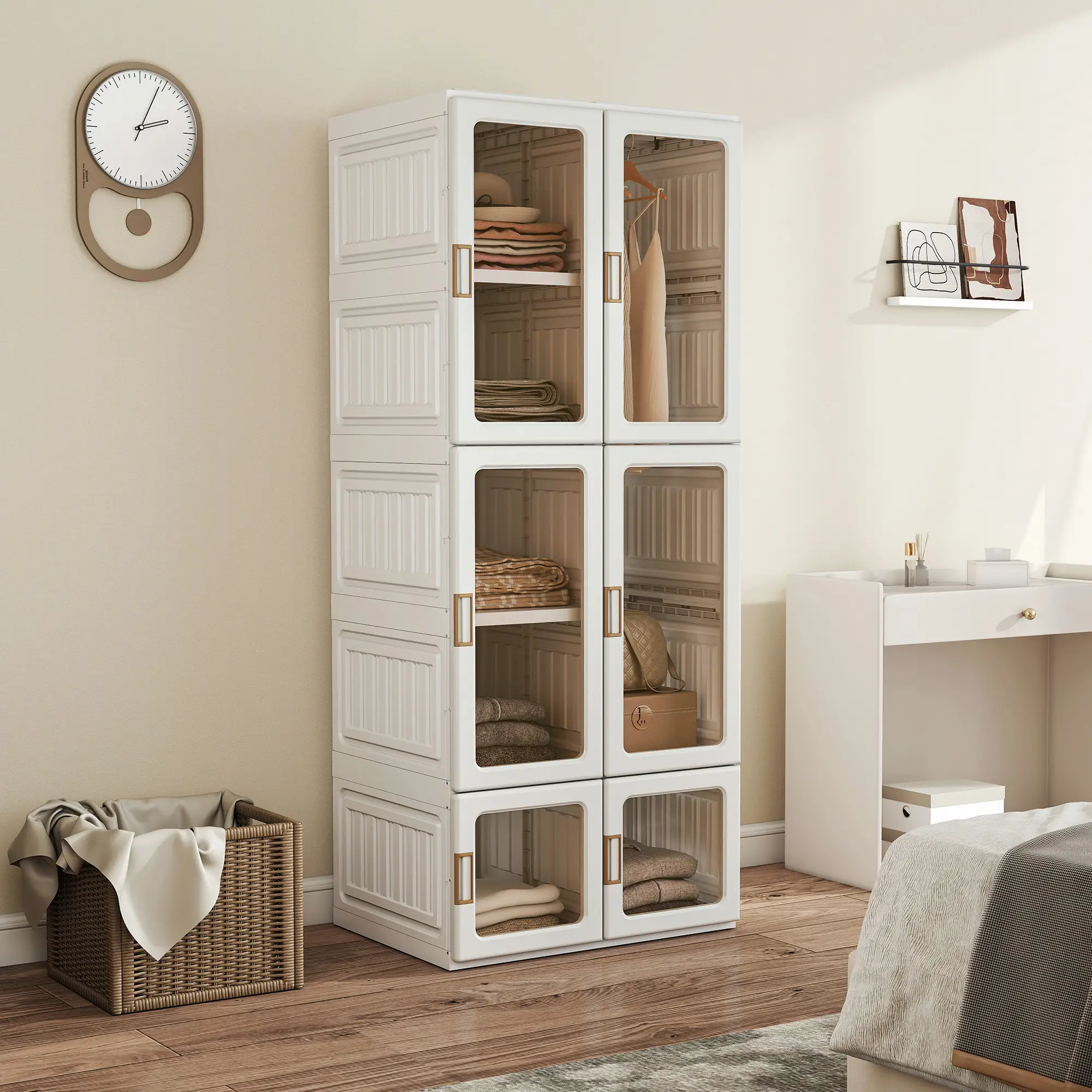 Portable Wardrobe, Foldable Plastic Closet, 6 Compartments, White - Image 2