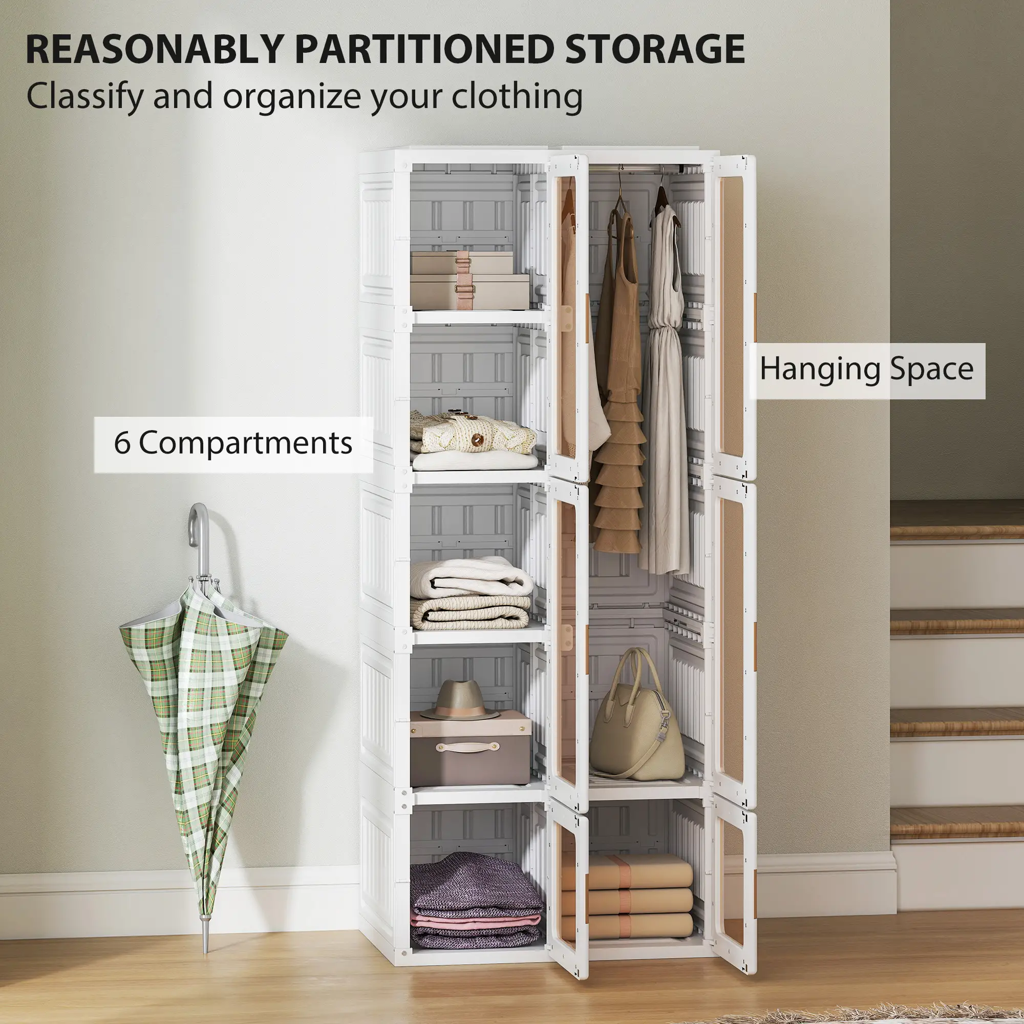 Portable Wardrobe, Foldable Plastic Closet, 6 Compartments, White - Image 4