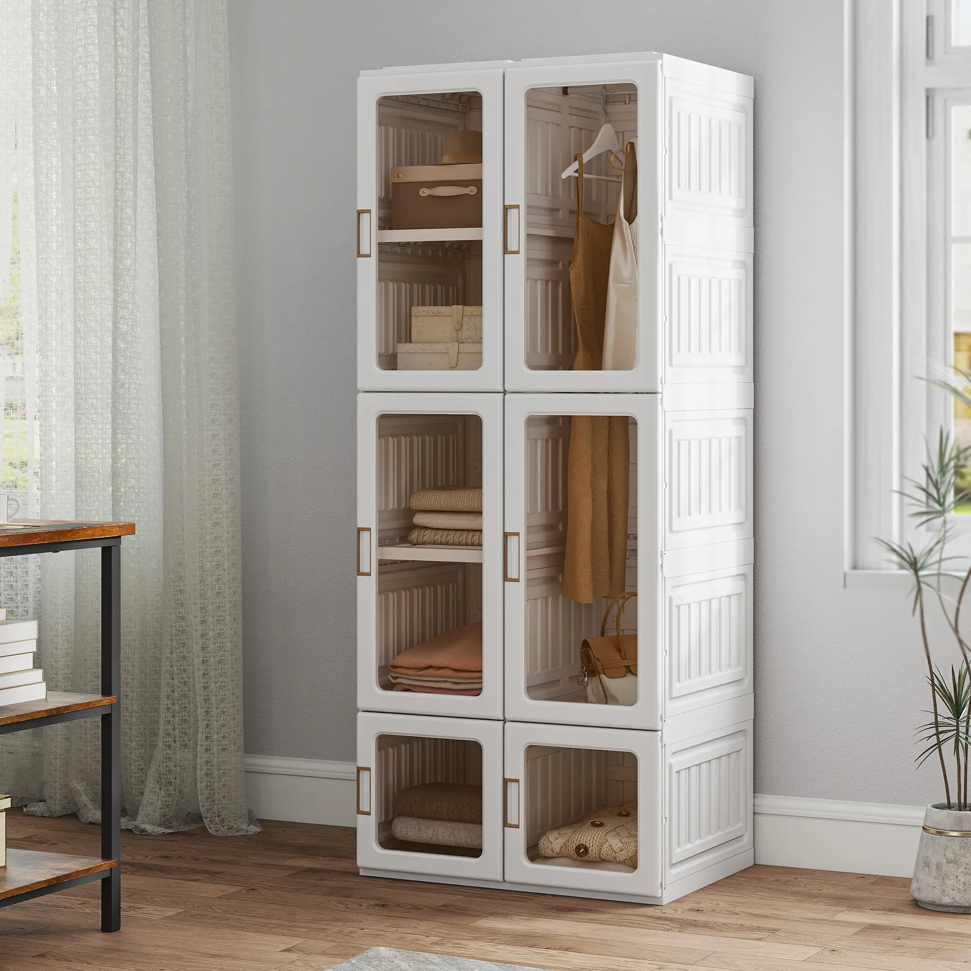 Portable Wardrobe, Foldable Plastic Closet, 6 Compartments, White - Image 9