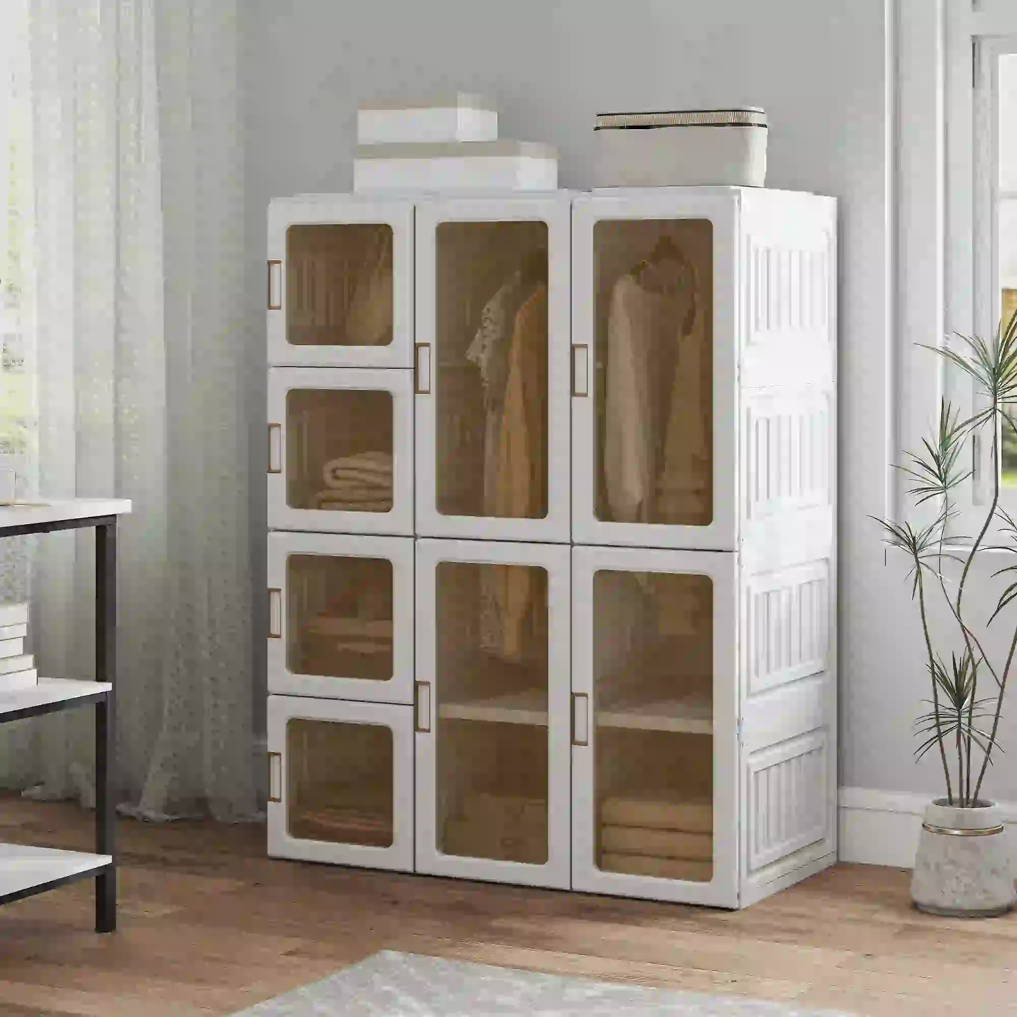 Portable Wardrobe, Foldable Plastic Closet, 8 Compartments, 2 Hanging Rods, Brown - Image 10