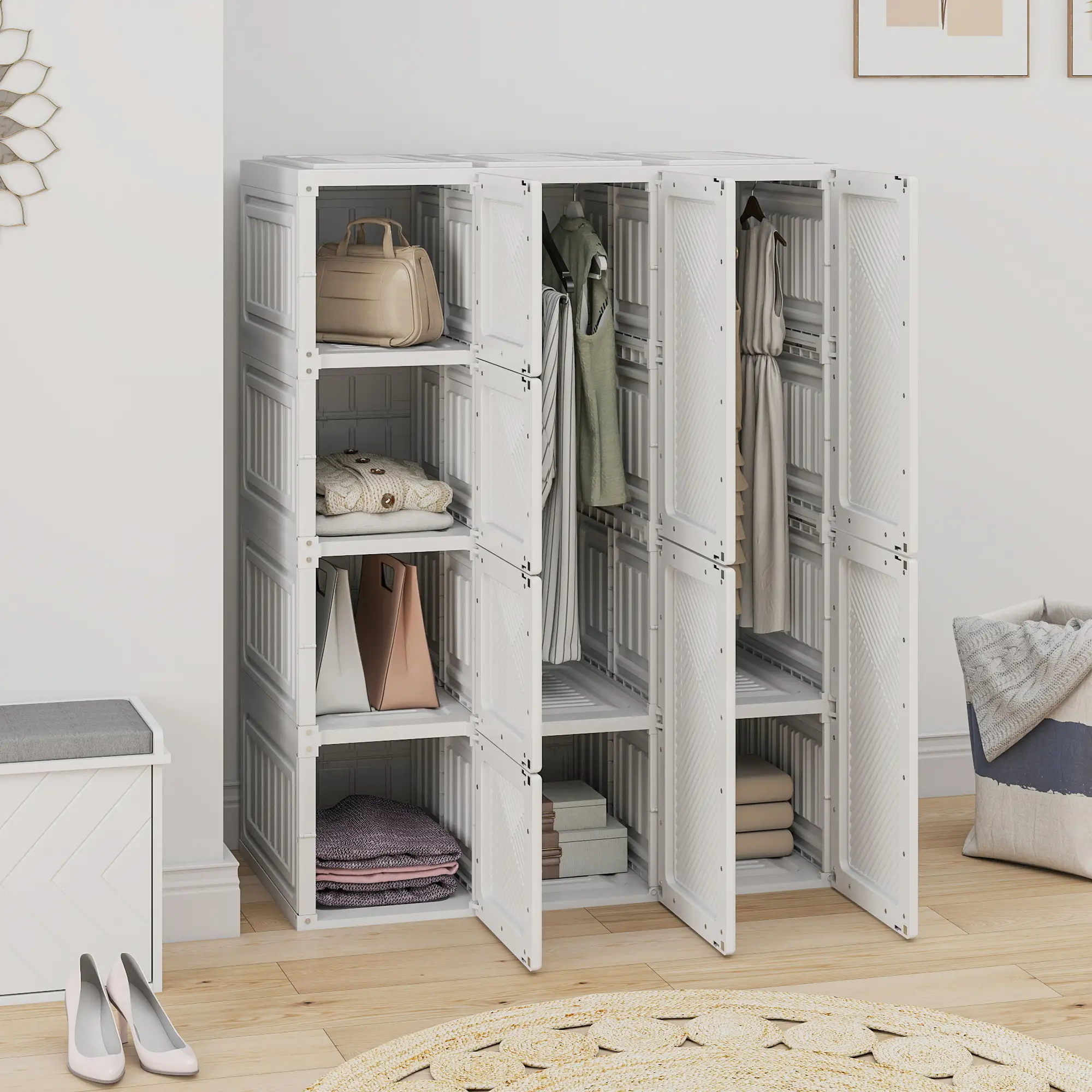 Portable Wardrobe, Foldable Plastic Closet, 8 Compartments, 2 Hanging Rods, White - Image 10