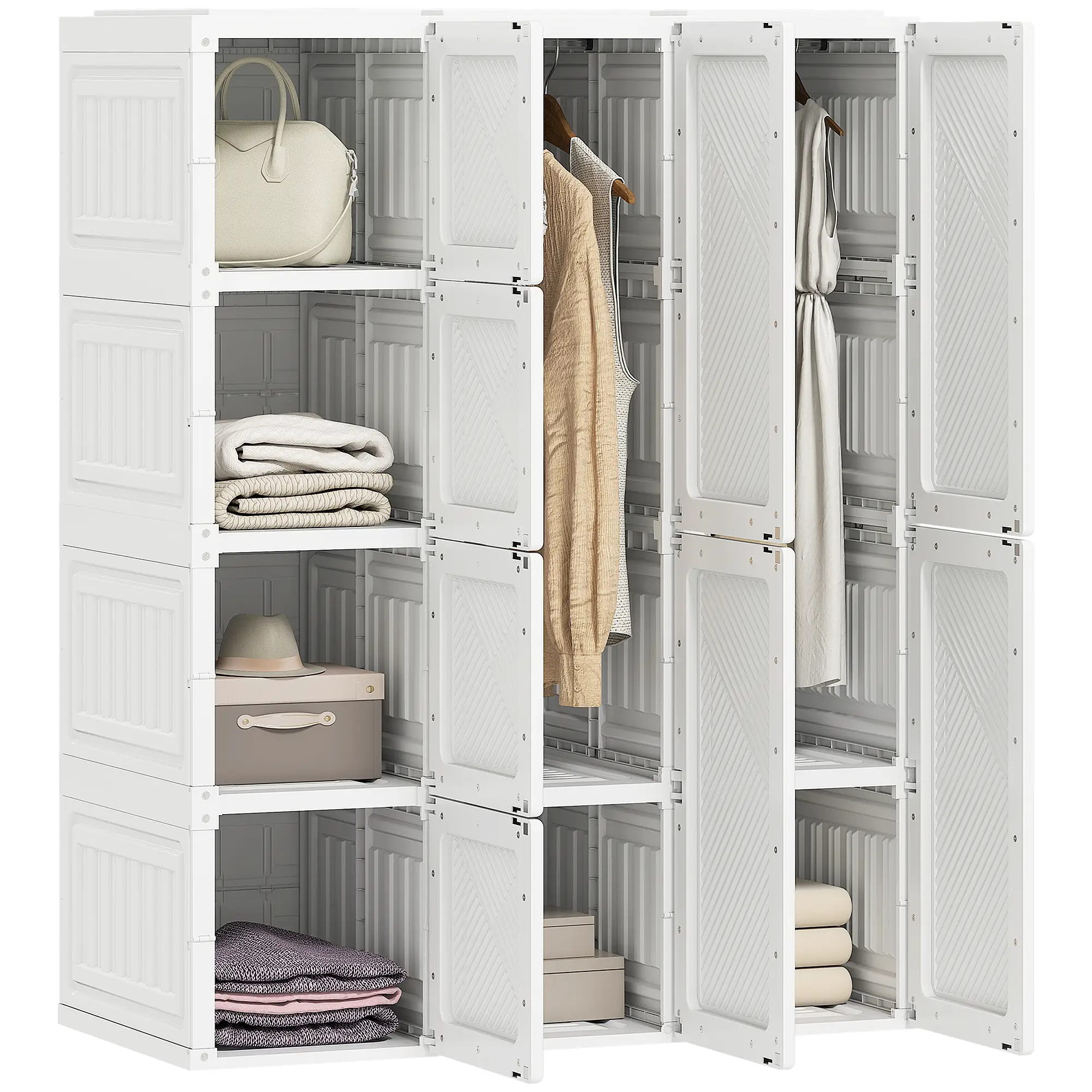 Portable Wardrobe, Foldable Plastic Closet, 8 Compartments, 2 Hanging Rods, White - Image 11