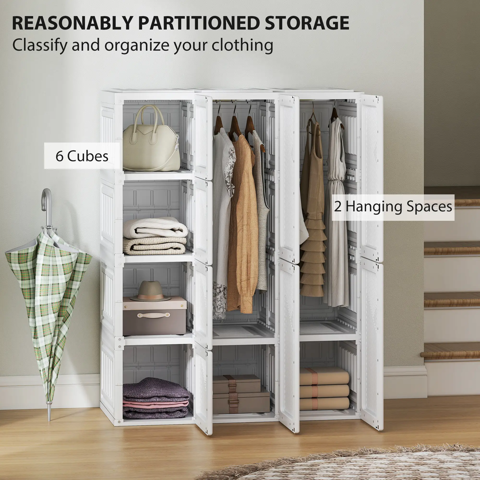 Portable Wardrobe, Foldable Plastic Closet, 8 Compartments, 2 Hanging Rods, White - Image 4