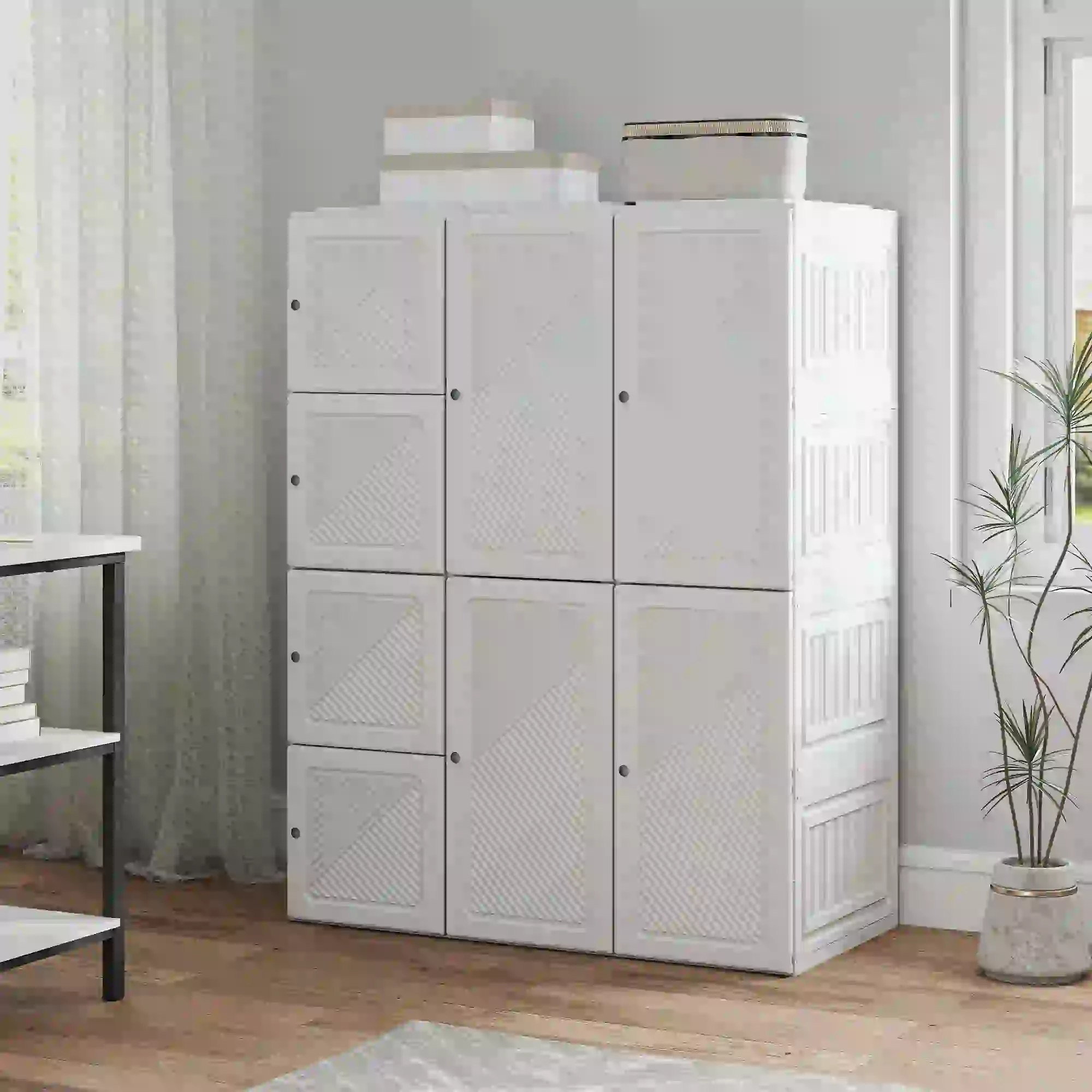 Portable Wardrobe, Foldable Plastic Closet, 8 Compartments, 2 Hanging Rods, White - Image 9
