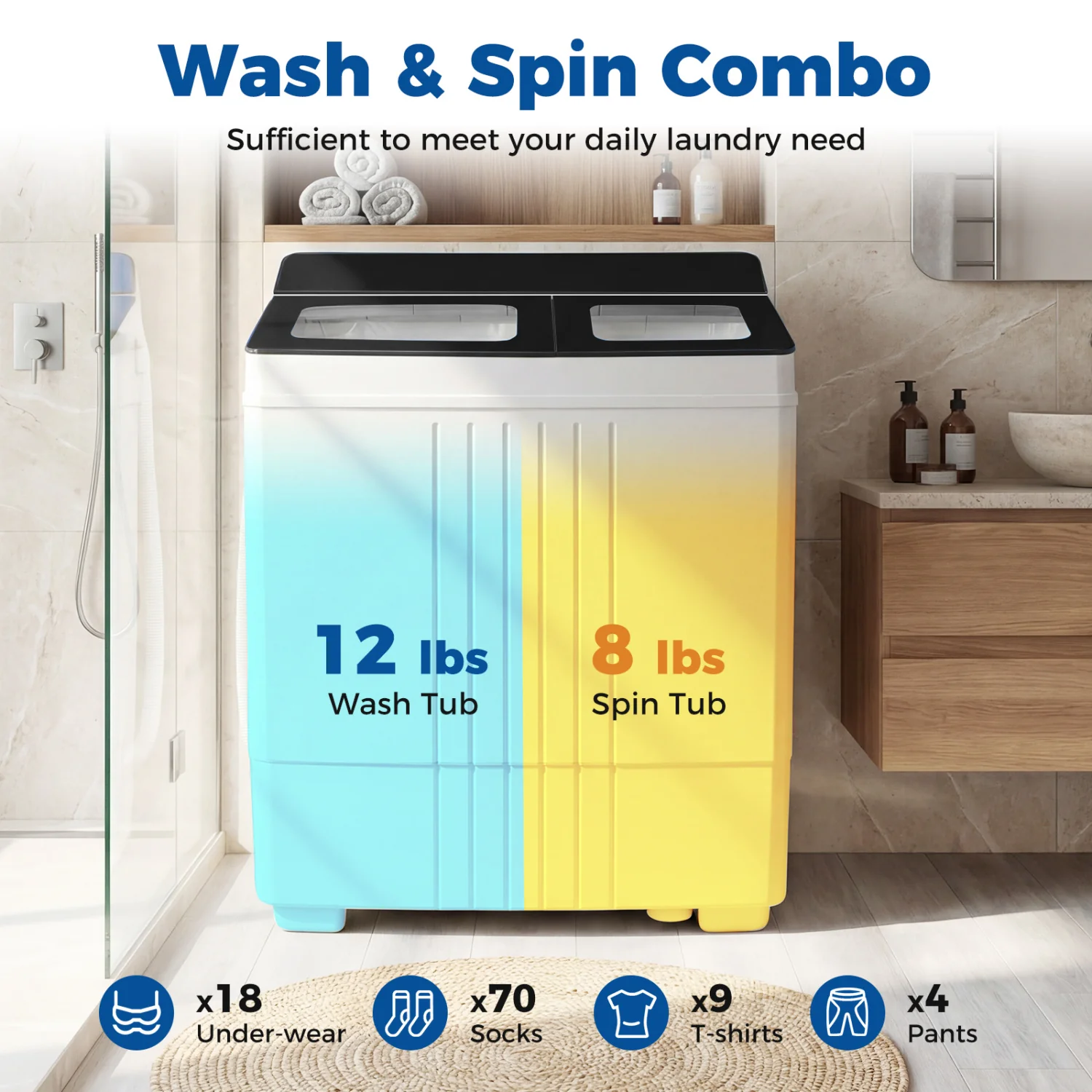 Portable Washing Machine, 12 LBS Washer 8 LBS Spinner, Black - Image 7