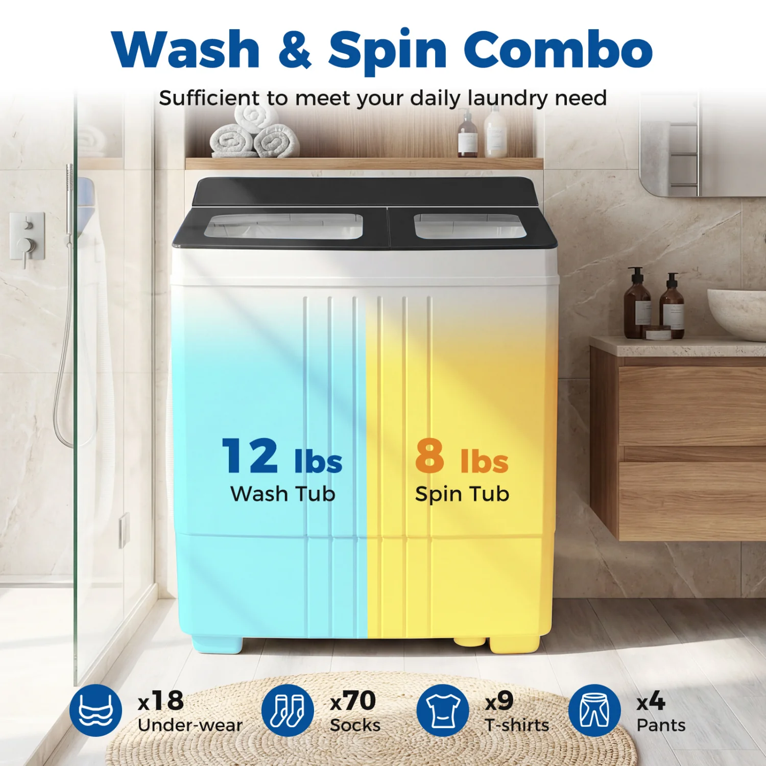 Portable Washing Machine, 12 LBS Washer 8 LBS Spinner, Gray - Image 7