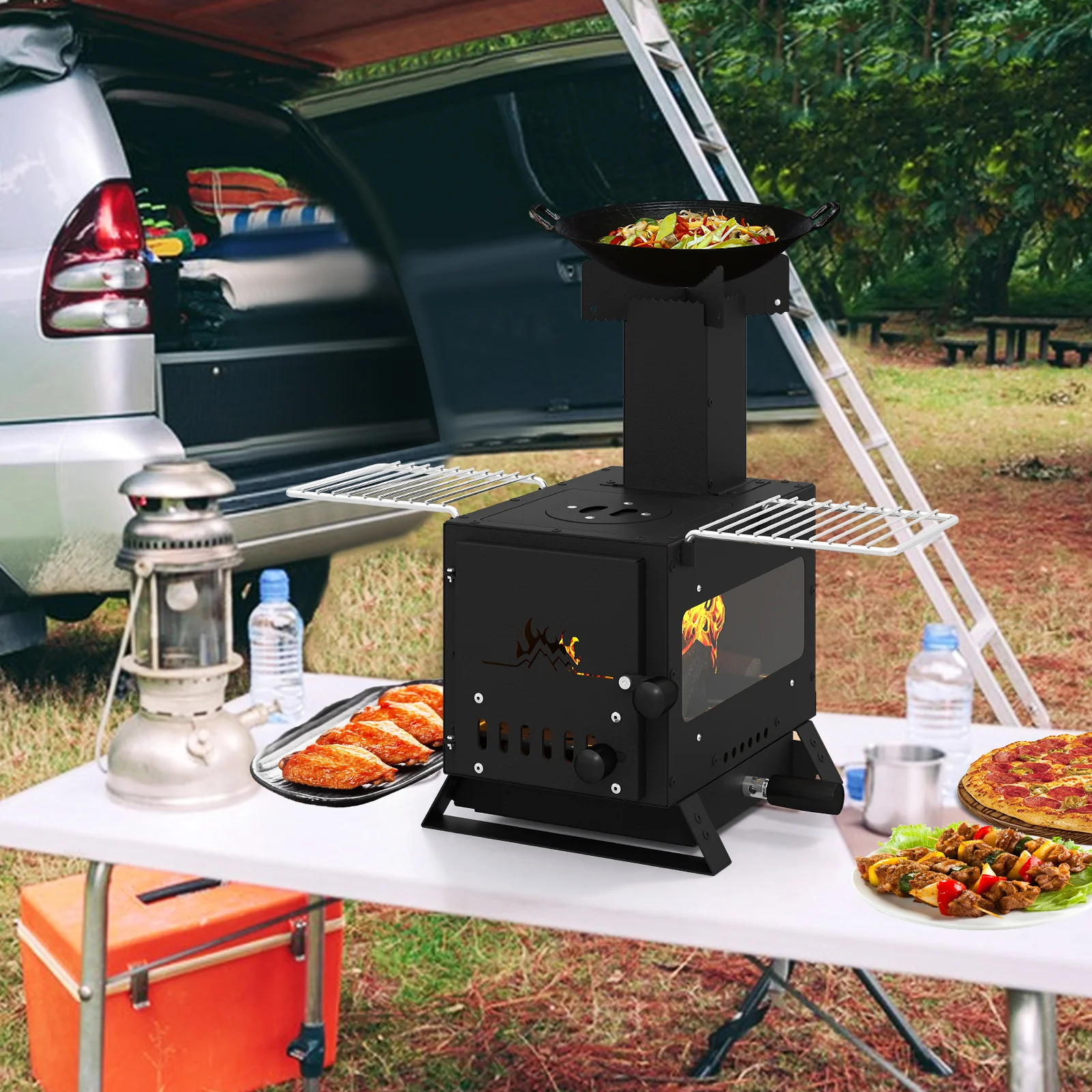 Portable Wood Burning Stove, Mini Heater Burner, Pot Rack Oven Pan, Black - Image 3
