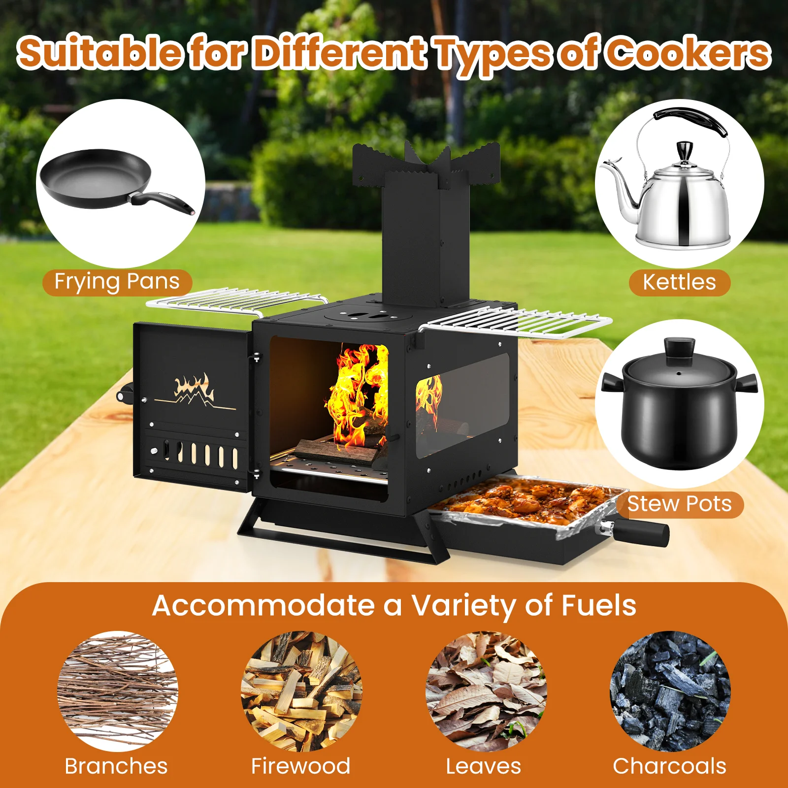 Portable Wood Burning Stove, Mini Heater Burner, Pot Rack Oven Pan, Black - Image 8