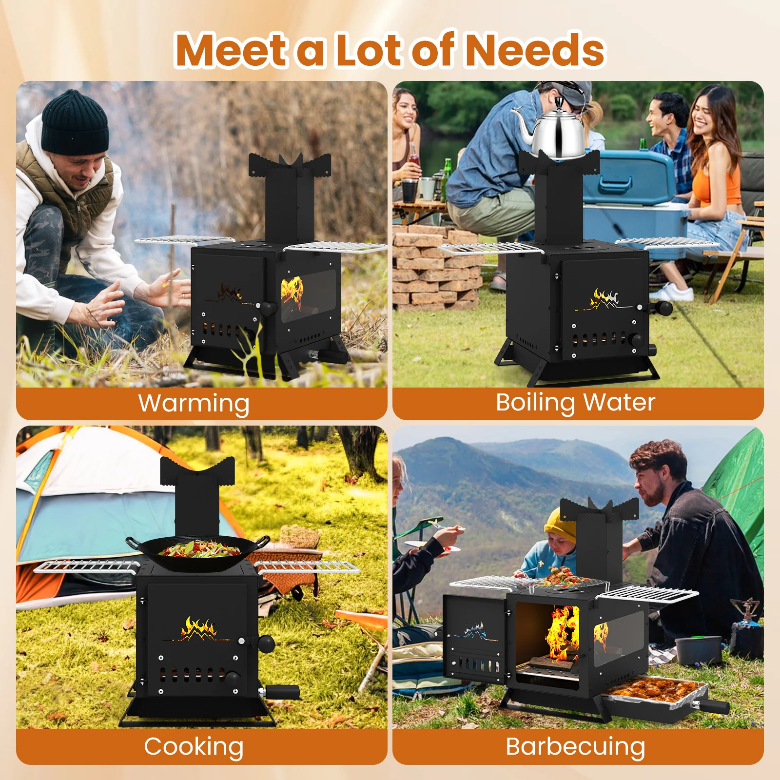 Portable Wood Burning Stove, Mini Heater Burner, Pot Rack Oven Pan, Black - Image 9