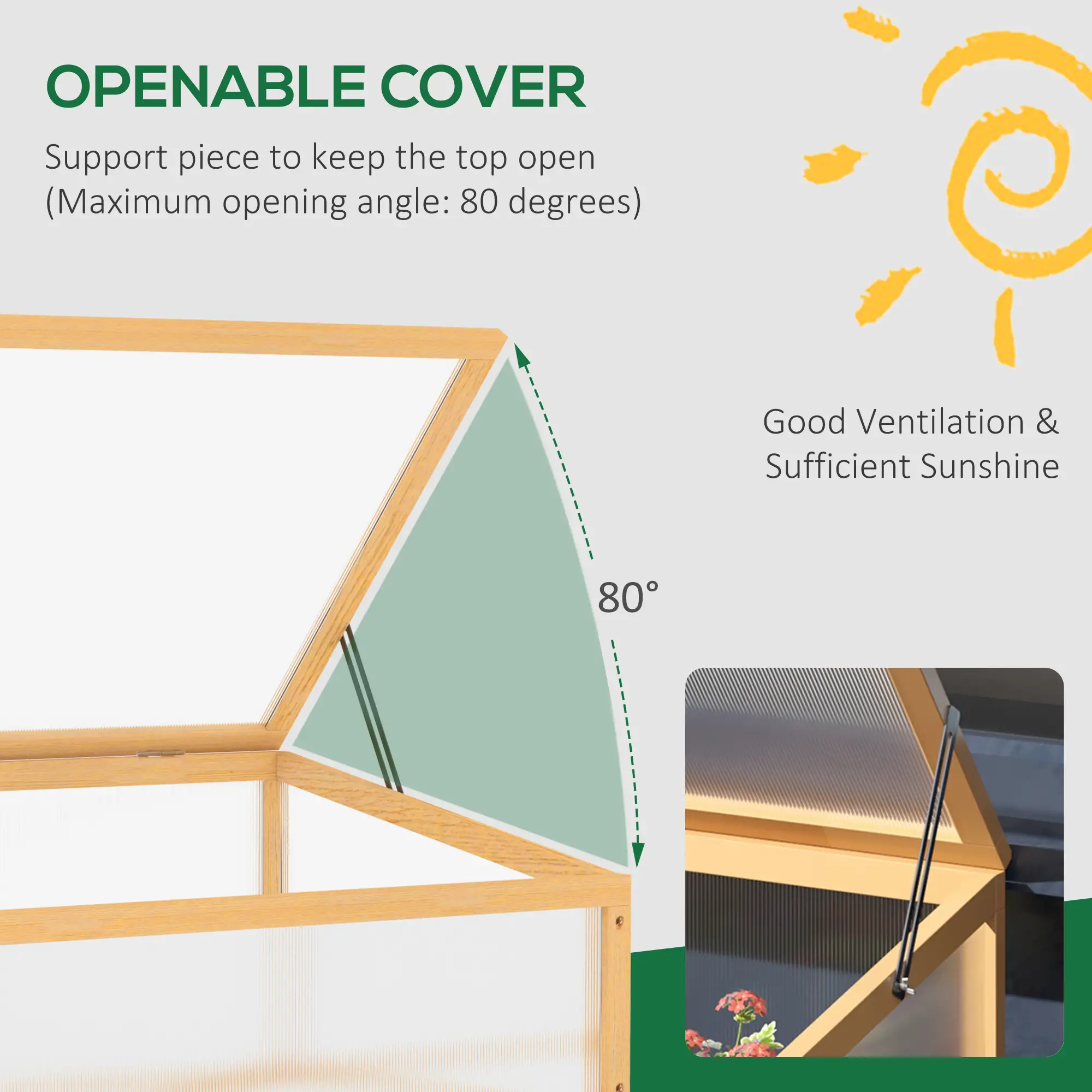 Portable Wooden Cold Frame Greenhouse, Openable Top, 35.5"x23.5"x15.75", Light Brown - Image 5