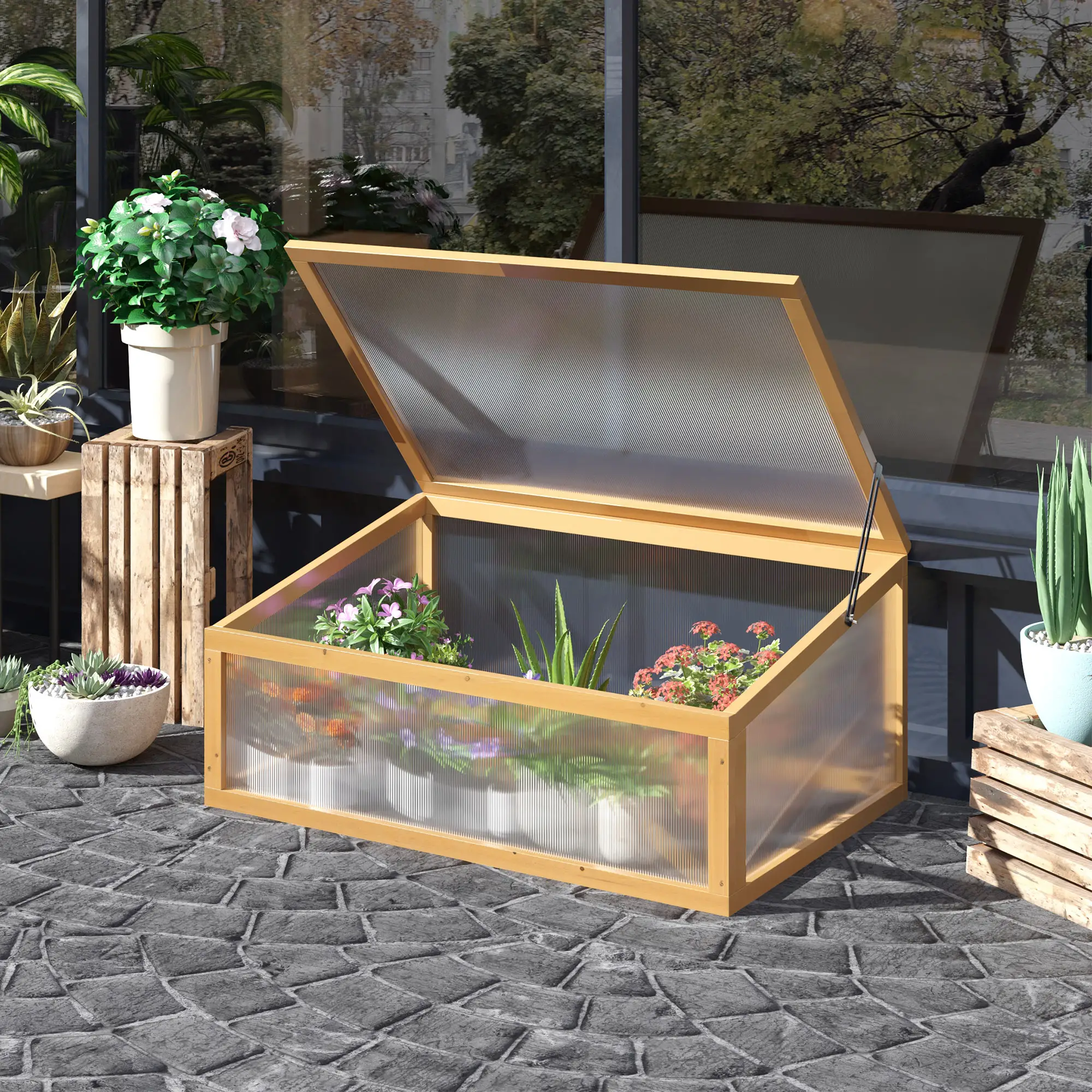Portable Wooden Cold Frame Greenhouse, Openable Top, 35.5"x23.5"x15.75", Light Brown - Image 8