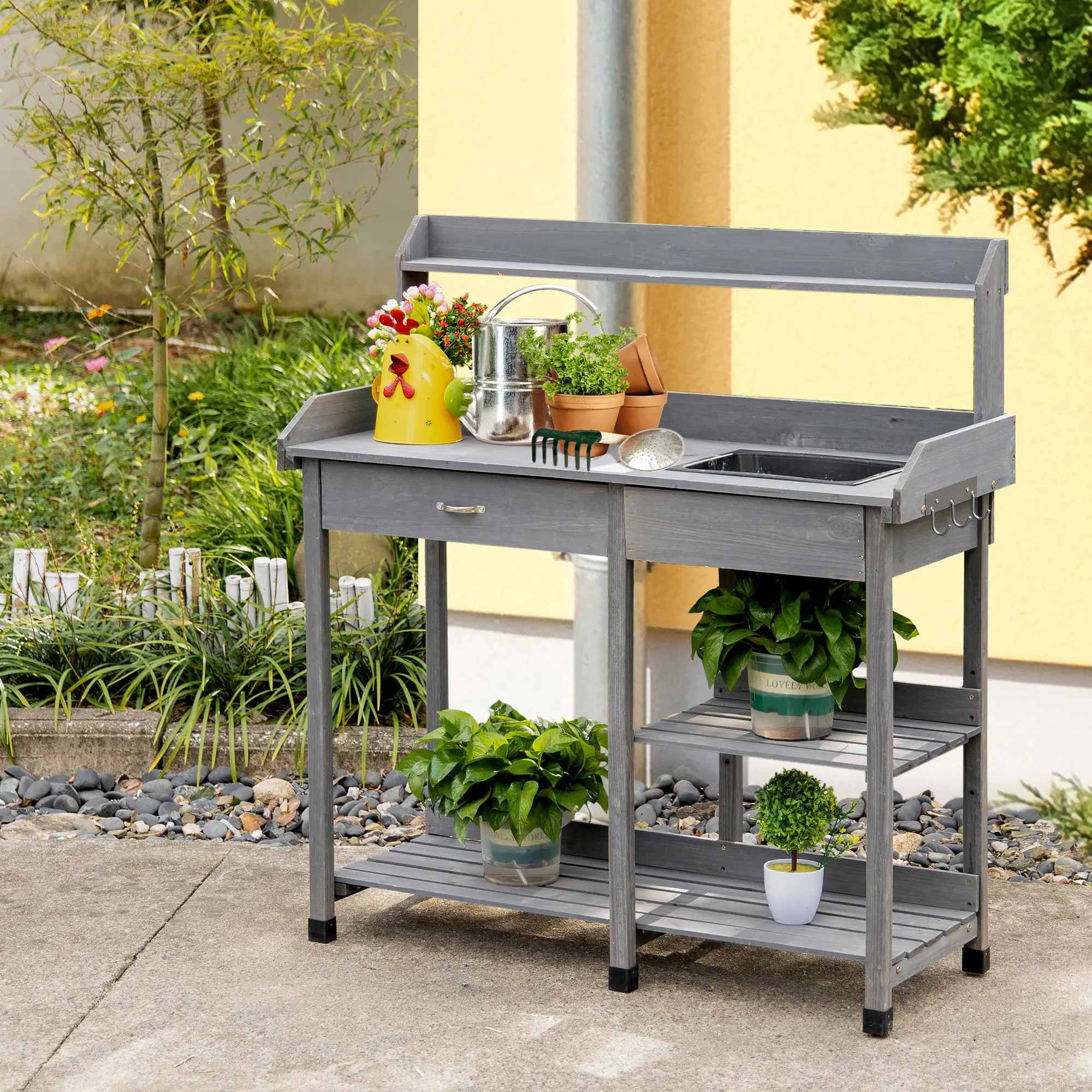 Potting Bench Table with Drawer, Removable Sink, Storage Shelves - Image 2
