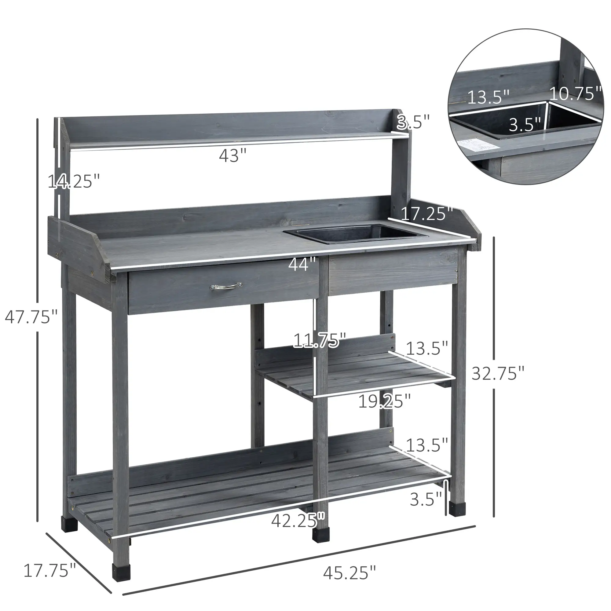 Potting Bench Table with Drawer, Removable Sink, Storage Shelves - Image 3