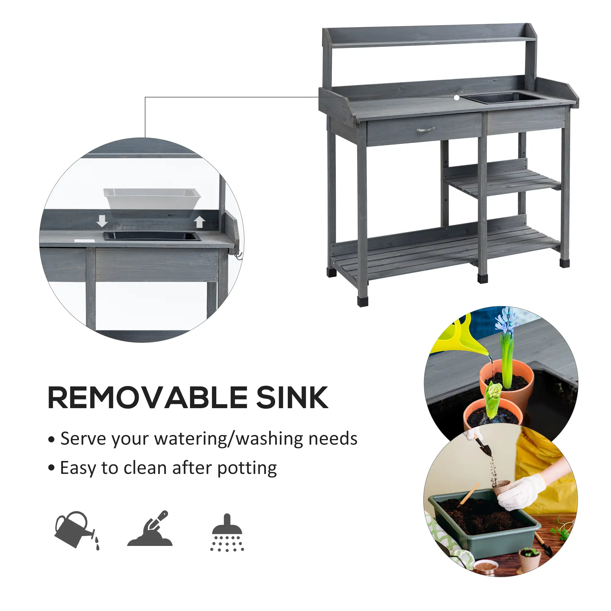 Potting Bench Table with Drawer, Removable Sink, Storage Shelves - Image 4