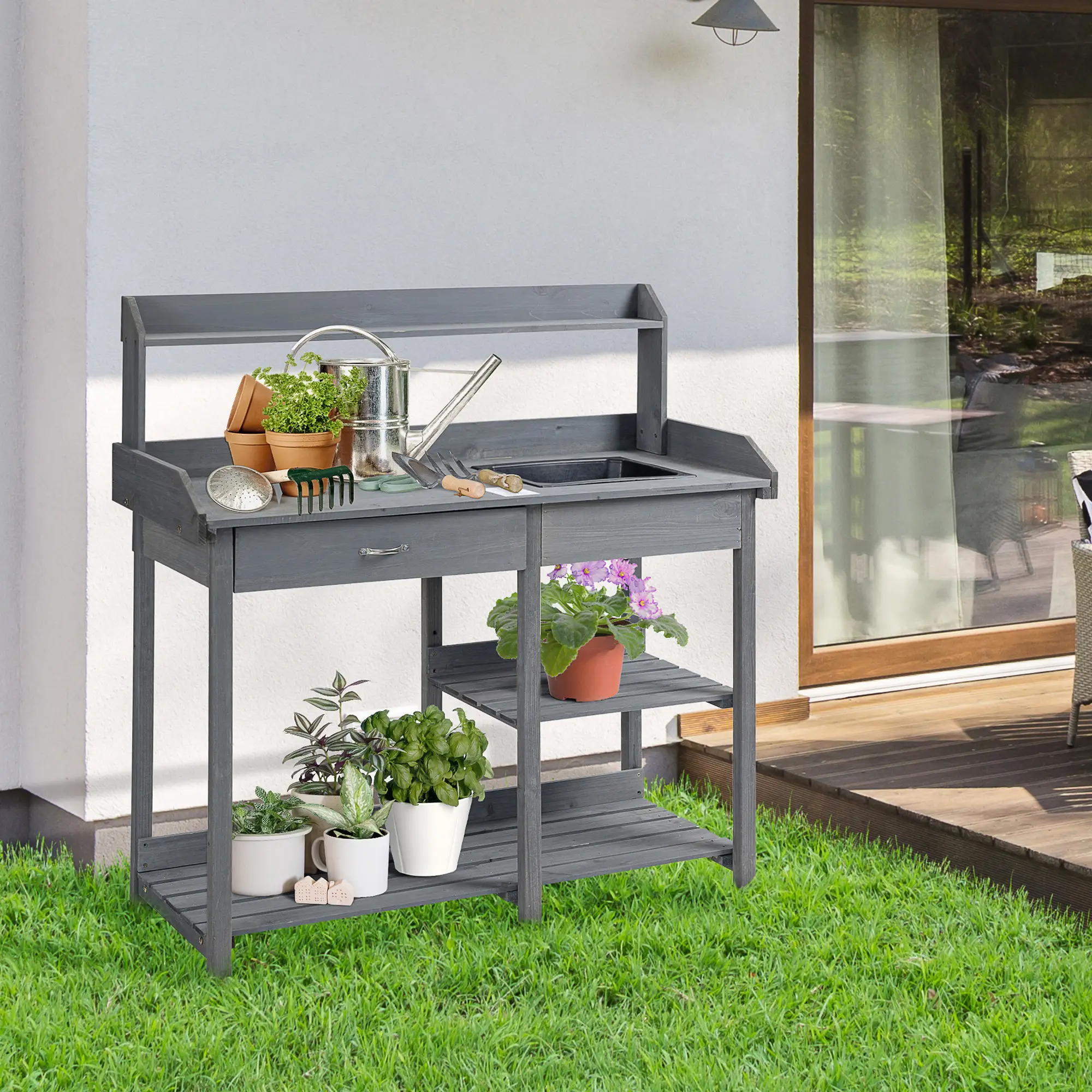 Potting Bench Table with Drawer, Removable Sink, Storage Shelves - Image 8