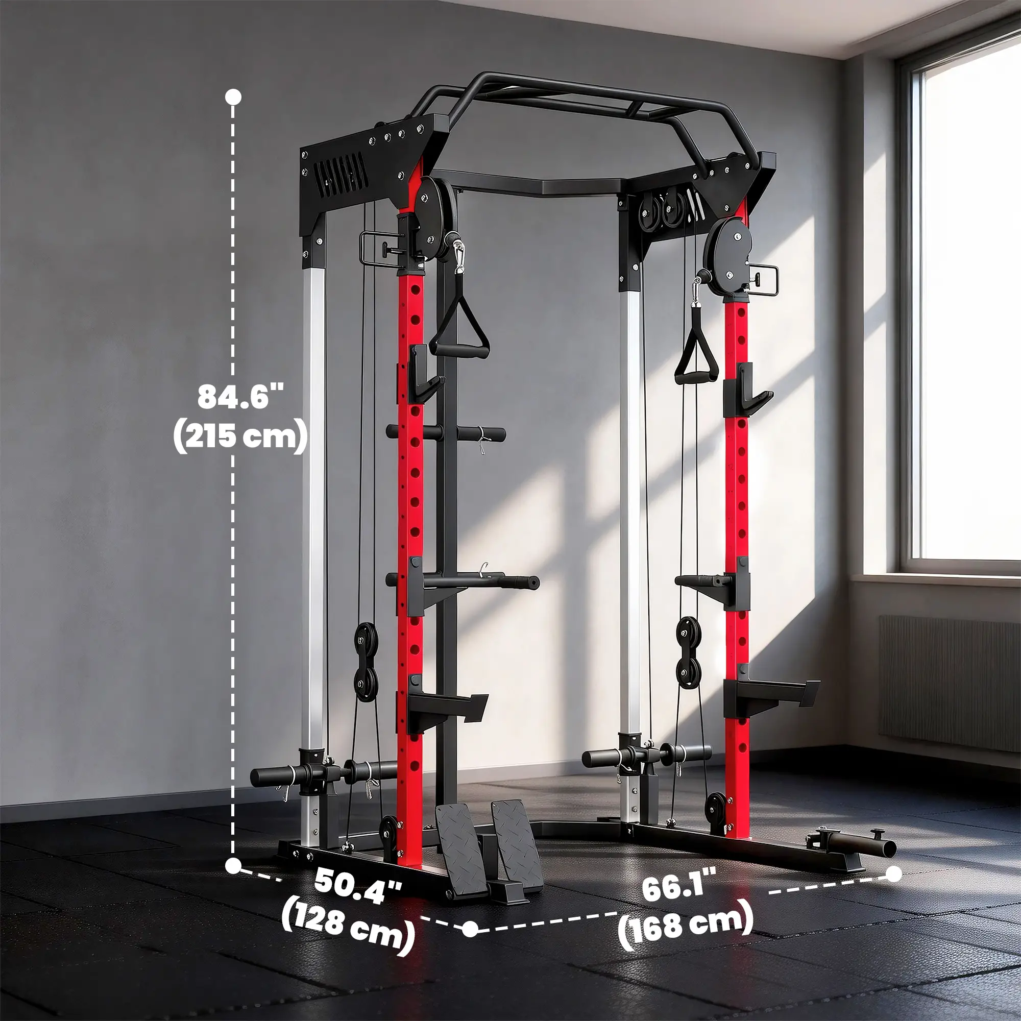 Power Cage Smith Machine, Adjustable Cable Pulley System, Pull-Up Bar, Dip Station, Landmine - Image 3