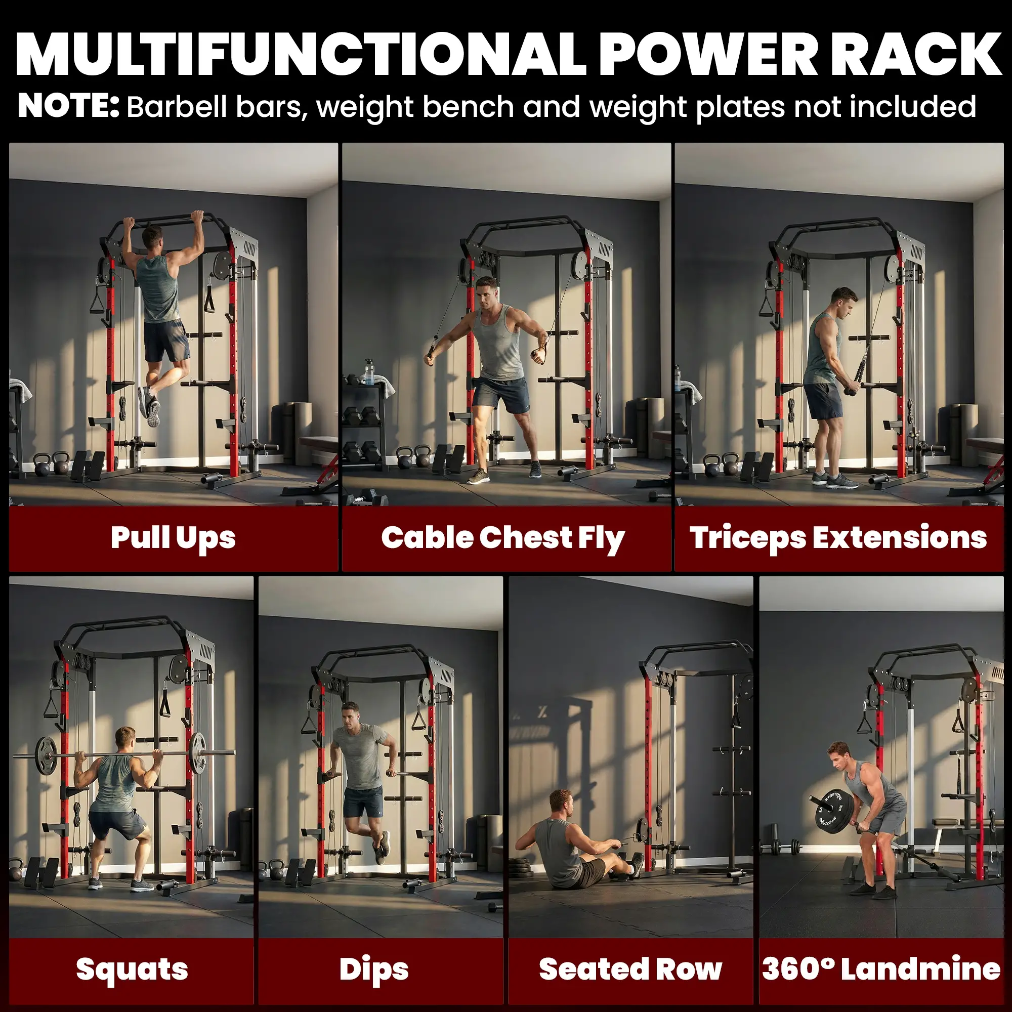 Power Cage Smith Machine, Adjustable Cable Pulley System, Pull-Up Bar, Dip Station, Landmine - Image 4