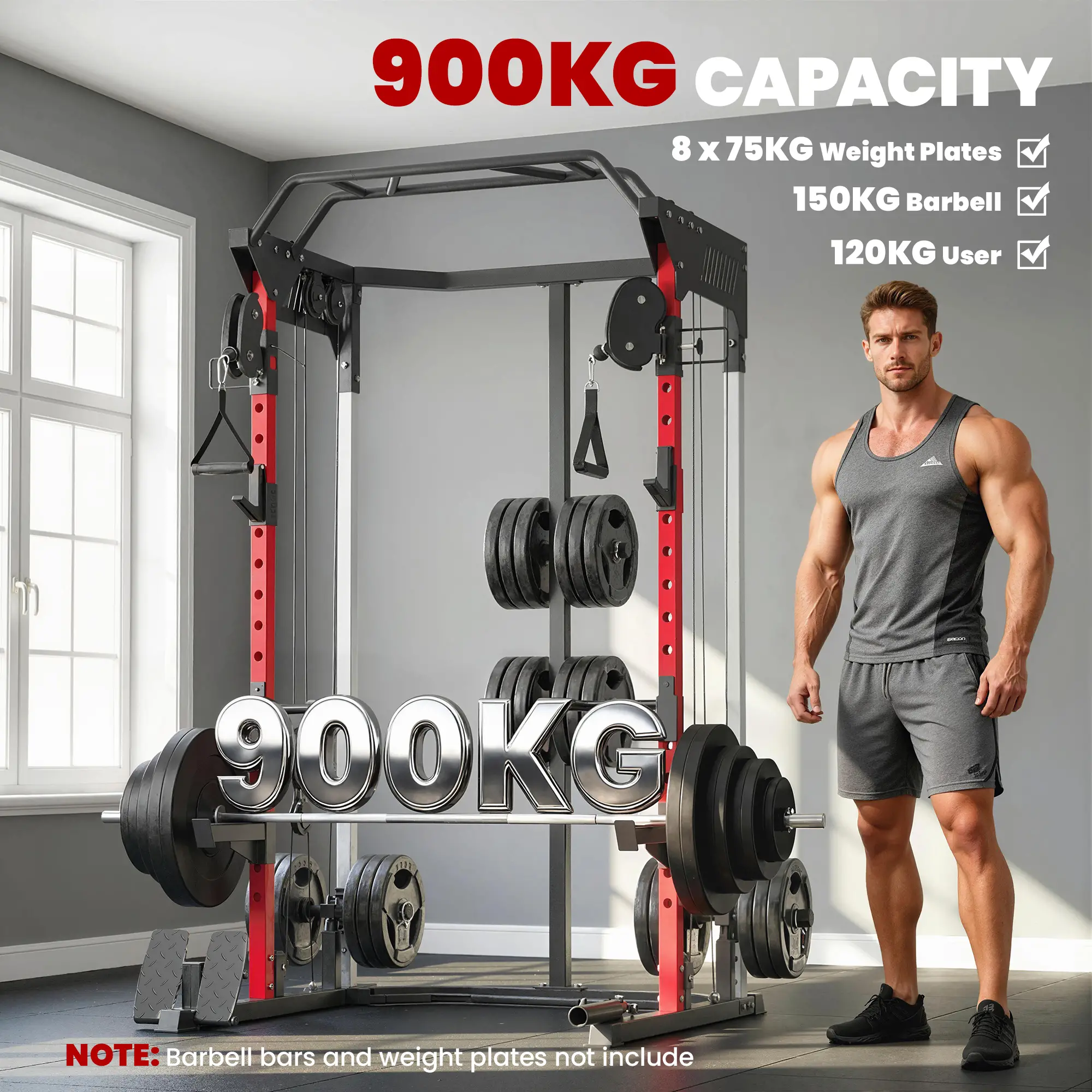Power Cage Smith Machine, Adjustable Cable Pulley System, Pull-Up Bar, Dip Station, Landmine - Image 5