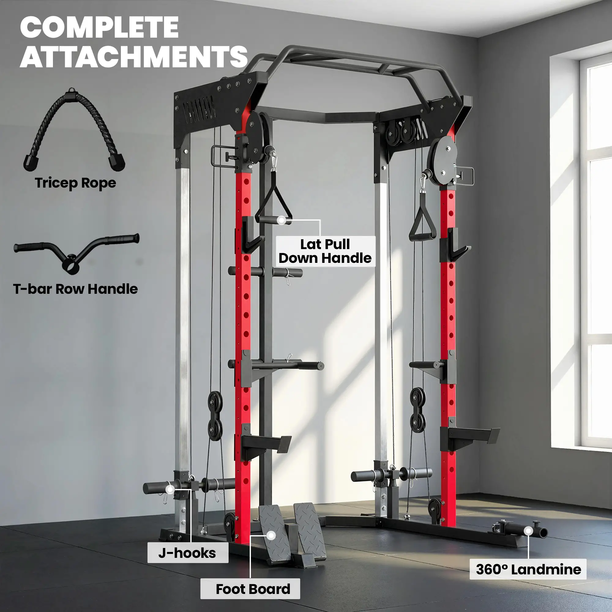 Power Cage Smith Machine, Adjustable Cable Pulley System, Pull-Up Bar, Dip Station, Landmine - Image 6