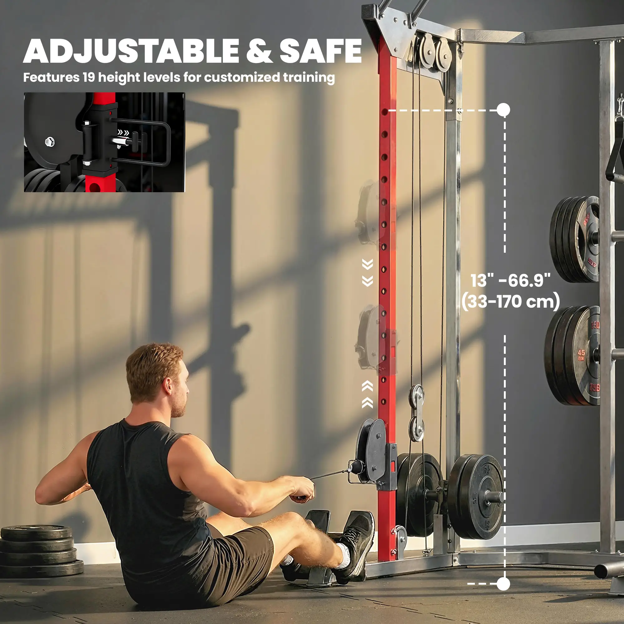 Power Cage Smith Machine, Adjustable Cable Pulley System, Pull-Up Bar, Dip Station, Landmine - Image 7