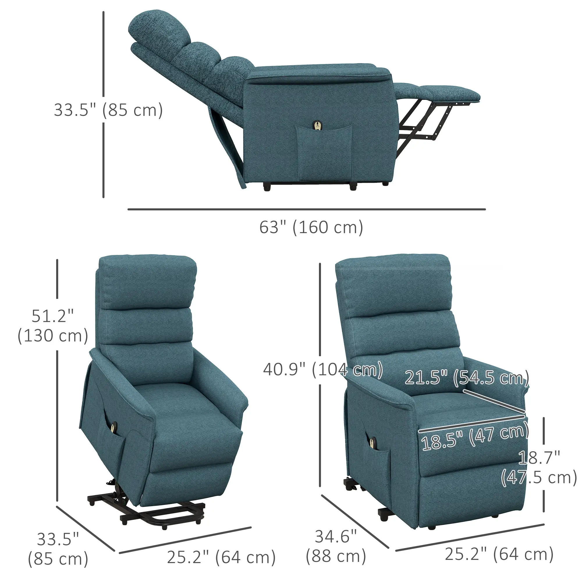 Power Lift Chair Recliner, Remote Control, Side Pockets, Blue - Image 3