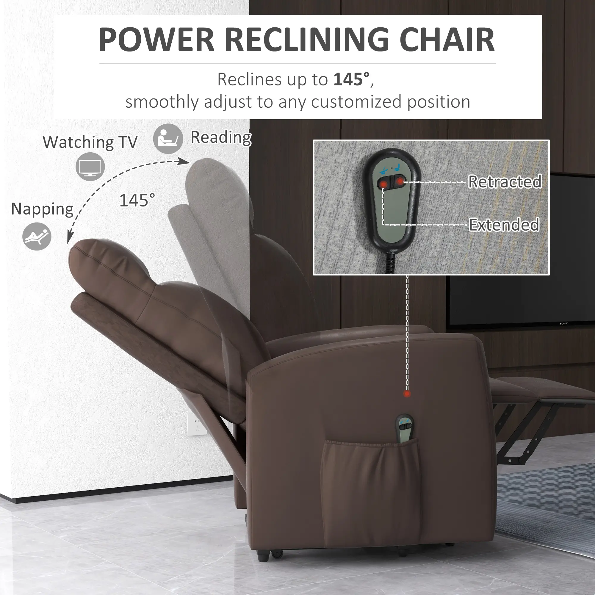 Power Lift Recliner Chair, Remote Control, Side Pocket, Brown - Image 6