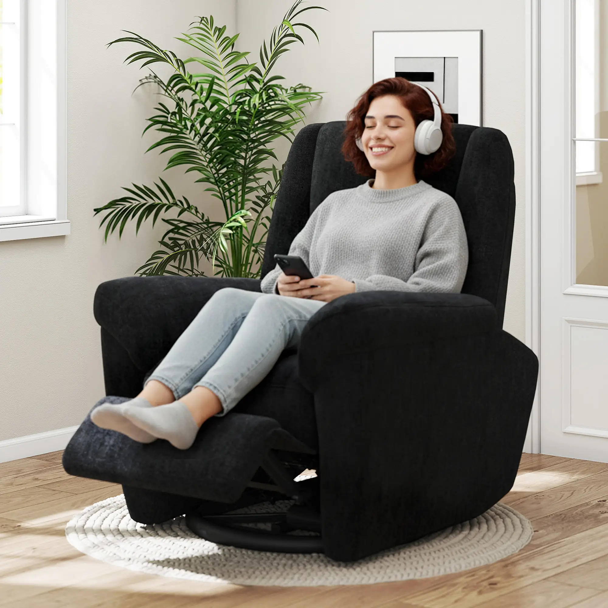 Power Recliner Chair, Fabric, USB Ports, Swivel & Rocking, Black - Image 10