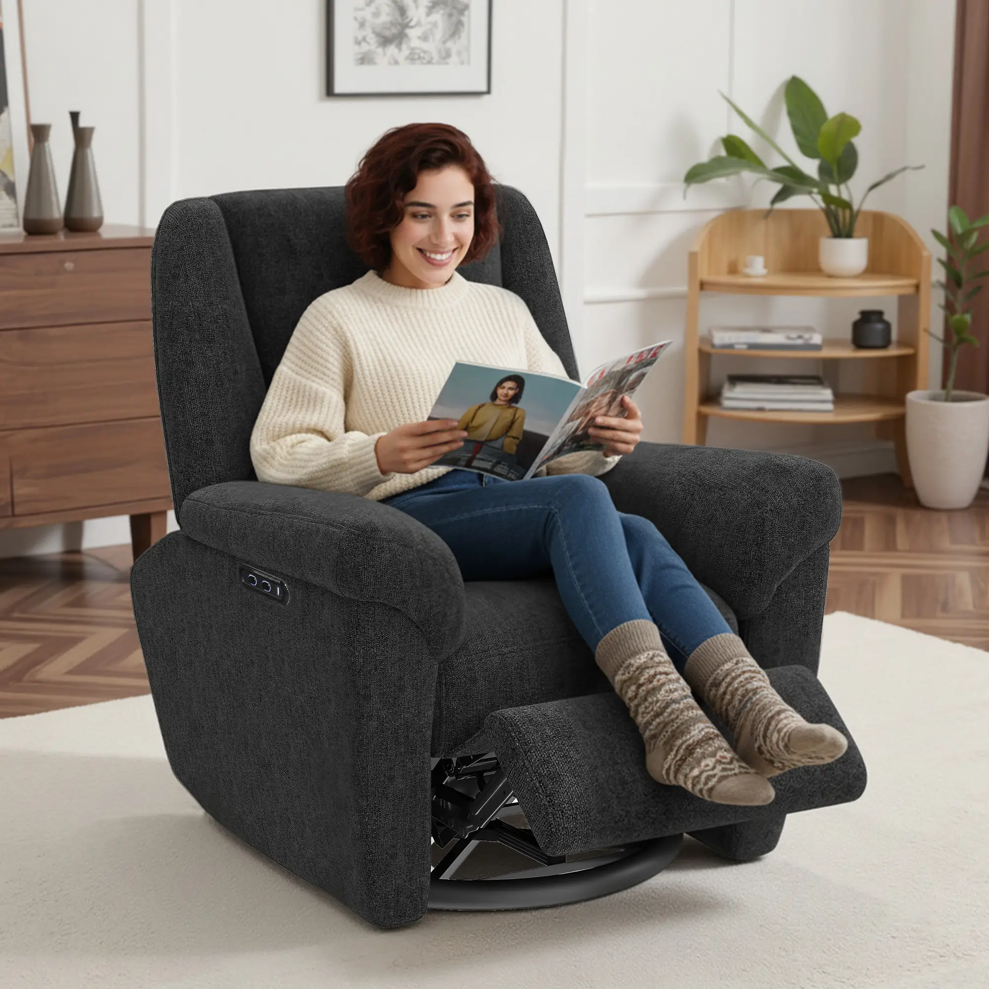 Power Recliner Chair, Fabric, USB Ports, Swivel & Rocking, Black - Image 2