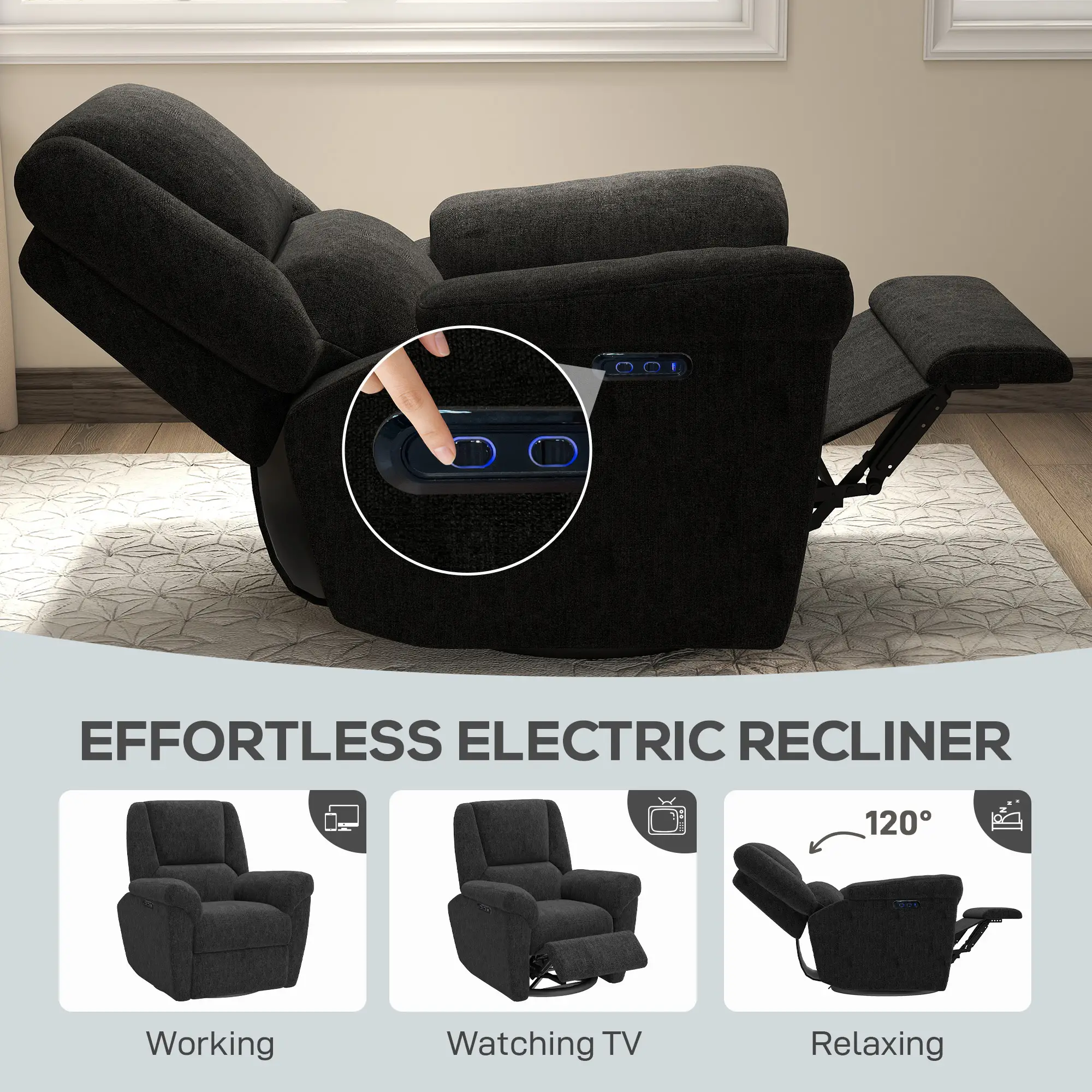 Power Recliner Chair, Fabric, USB Ports, Swivel & Rocking, Black - Image 4