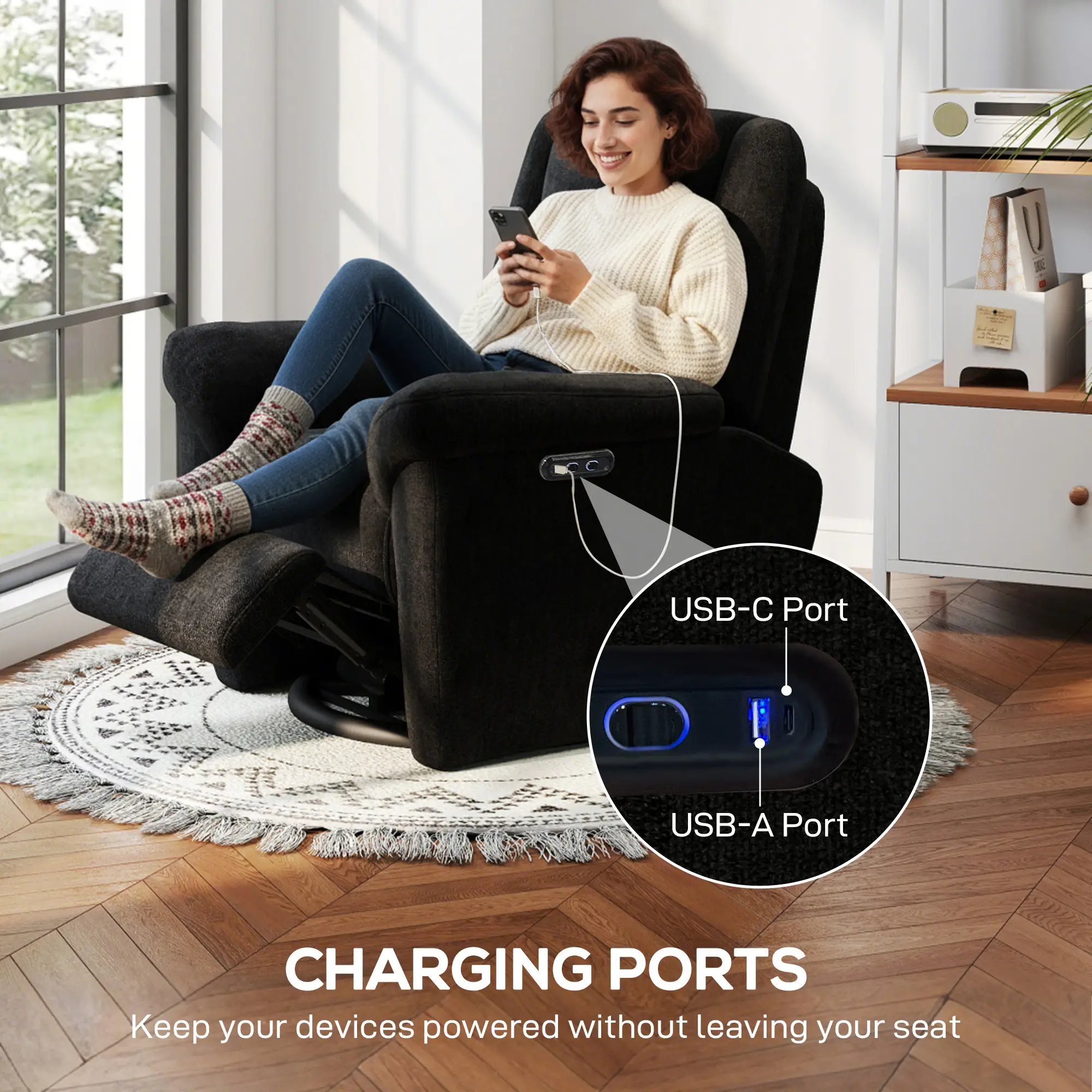 Power Recliner Chair, Fabric, USB Ports, Swivel & Rocking, Black - Image 7