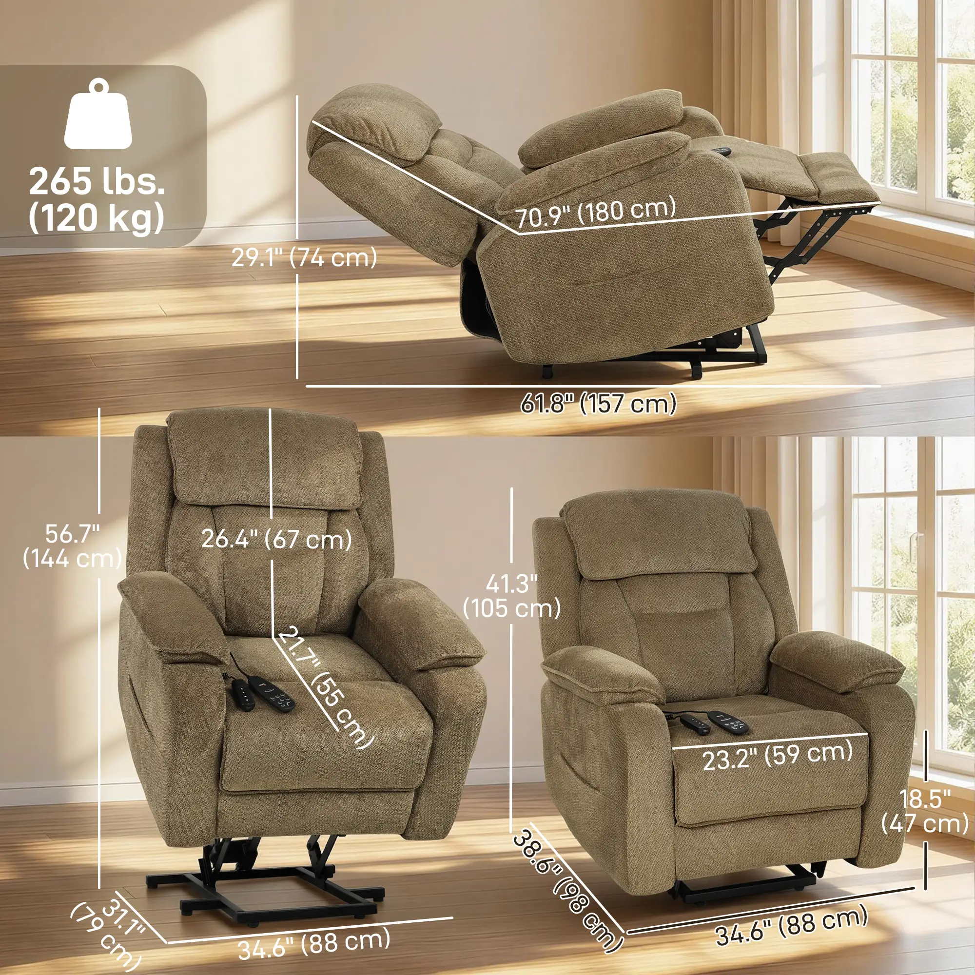 Power Recliner Chair, Massage, Electric Lift, 2 Memory Positions, Brown - Image 3