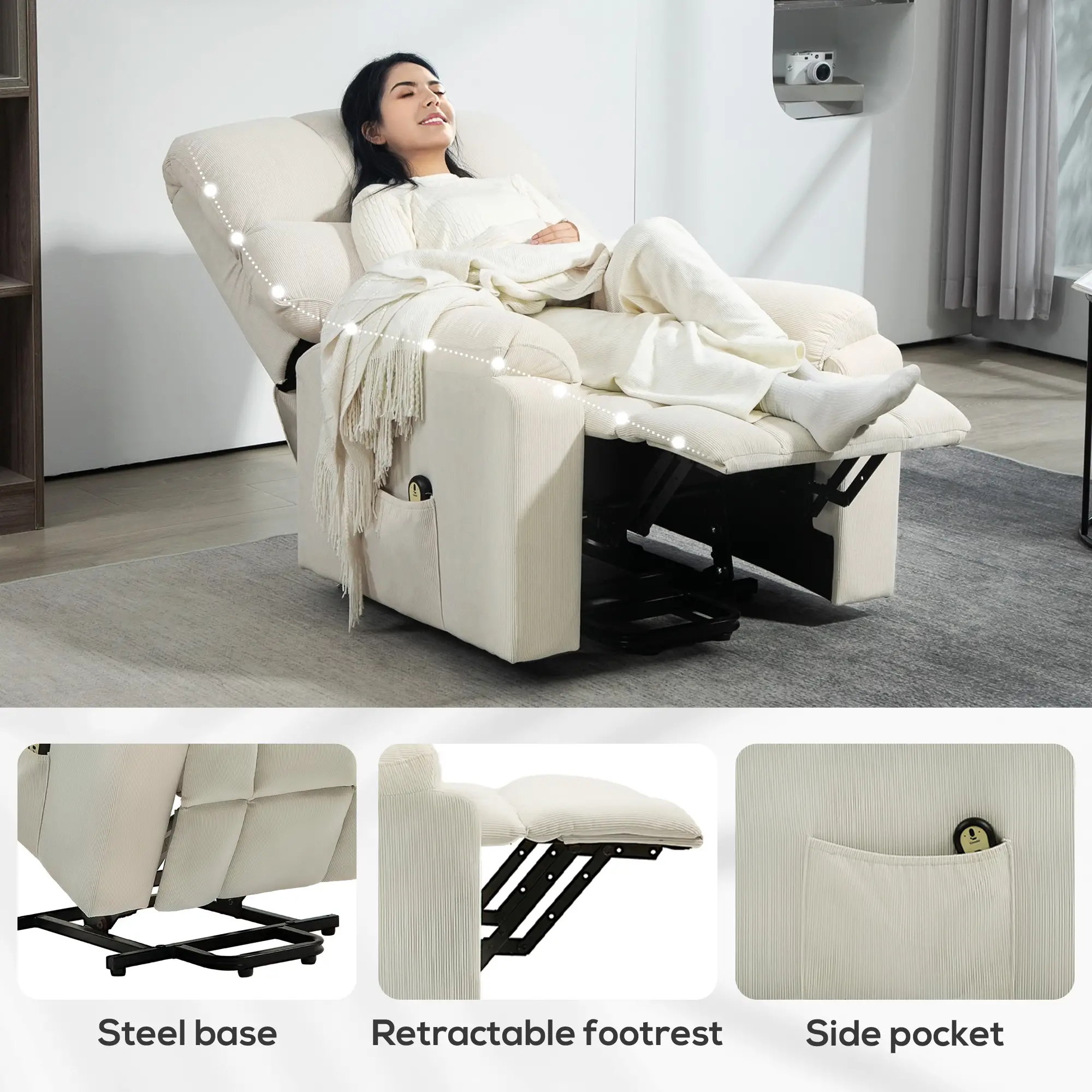 Power Recliner Chair, Microfibre Upholstery, Remote, Cream White - Image 7