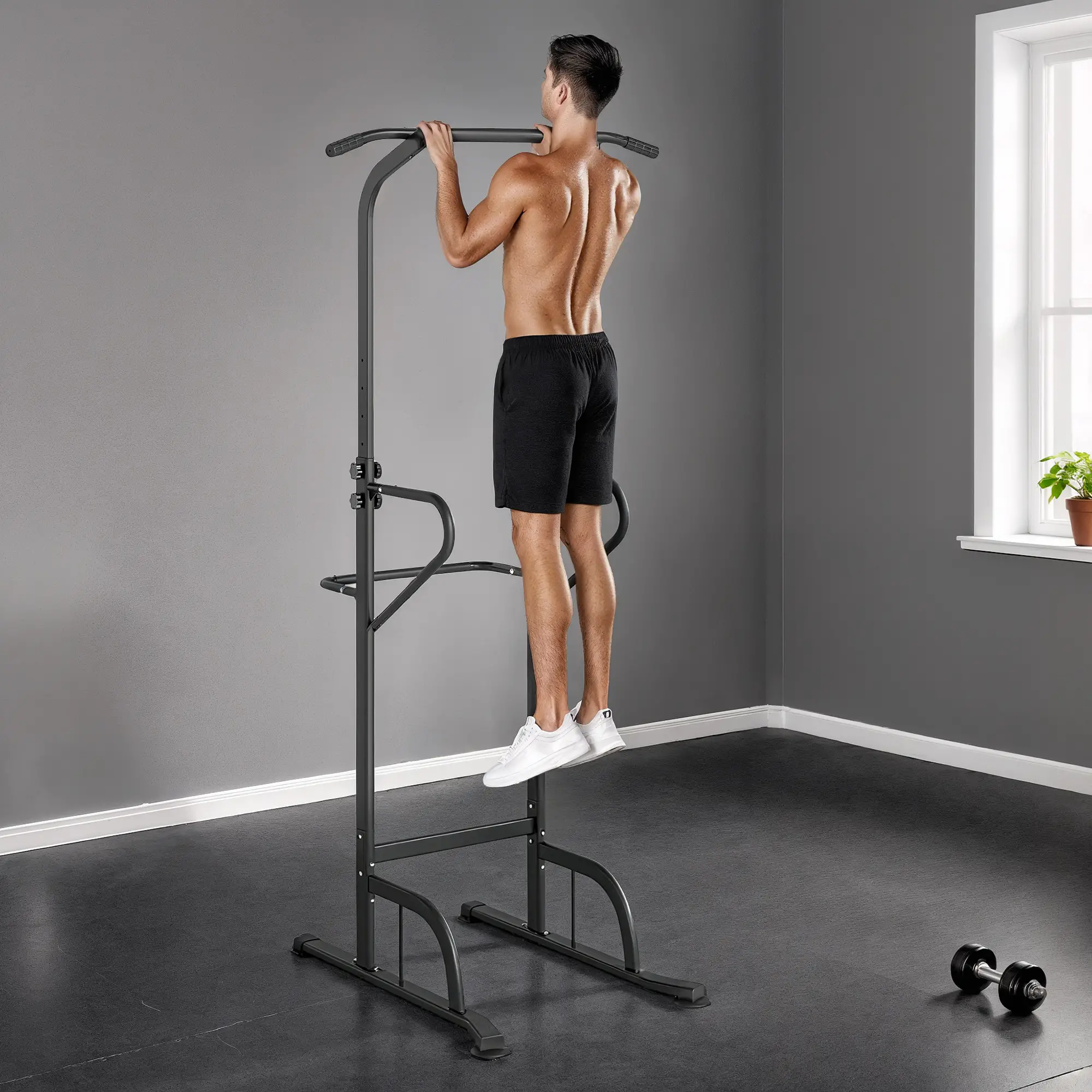 Power Tower Dip Station, Pull Up Bar, Adjustable Height, Black - Image 2