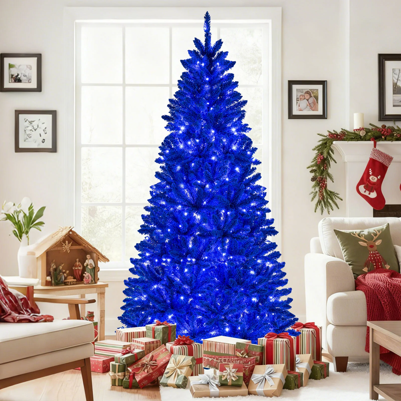 Pre-Lit Artificial Christmas Tree, 7 ft, 340 Blue LED Lights, 3 Modes, Blue - Image 2