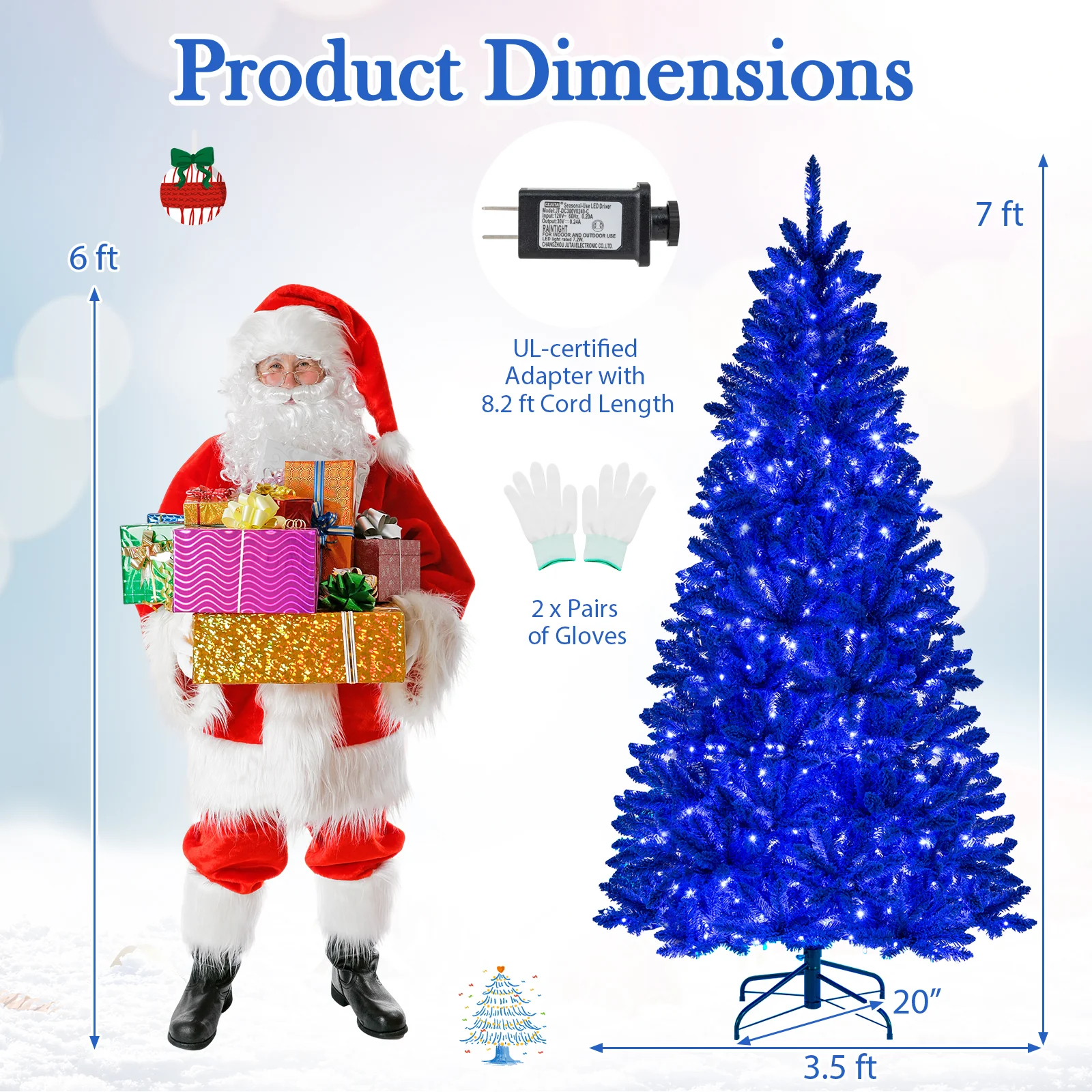 Pre-Lit Artificial Christmas Tree, 7 ft, 340 Blue LED Lights, 3 Modes, Blue - Image 6