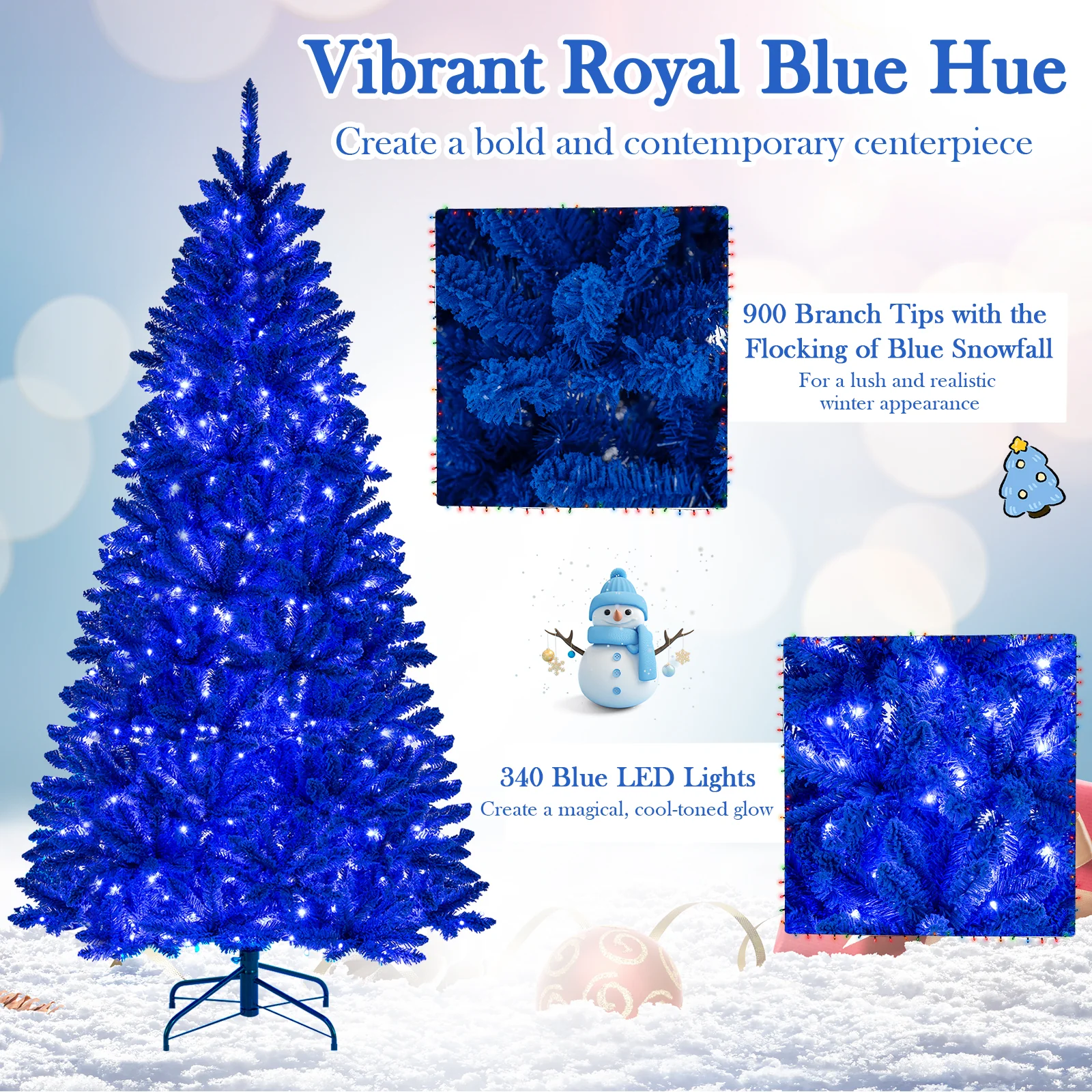 Pre-Lit Artificial Christmas Tree, 7 ft, 340 Blue LED Lights, 3 Modes, Blue - Image 9