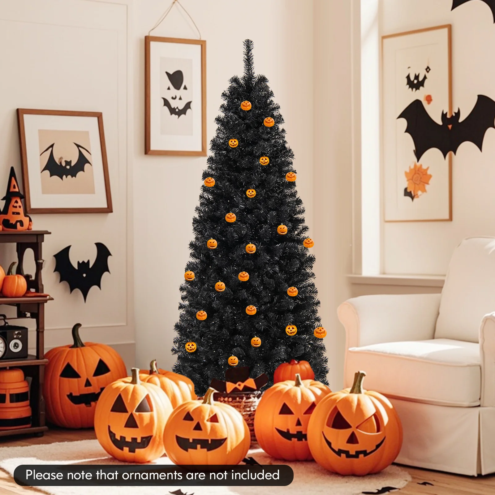Pre-Lit Christmas Halloween Tree, PVC Branch Tips, Warm White Lights, 6', Black - Image 2