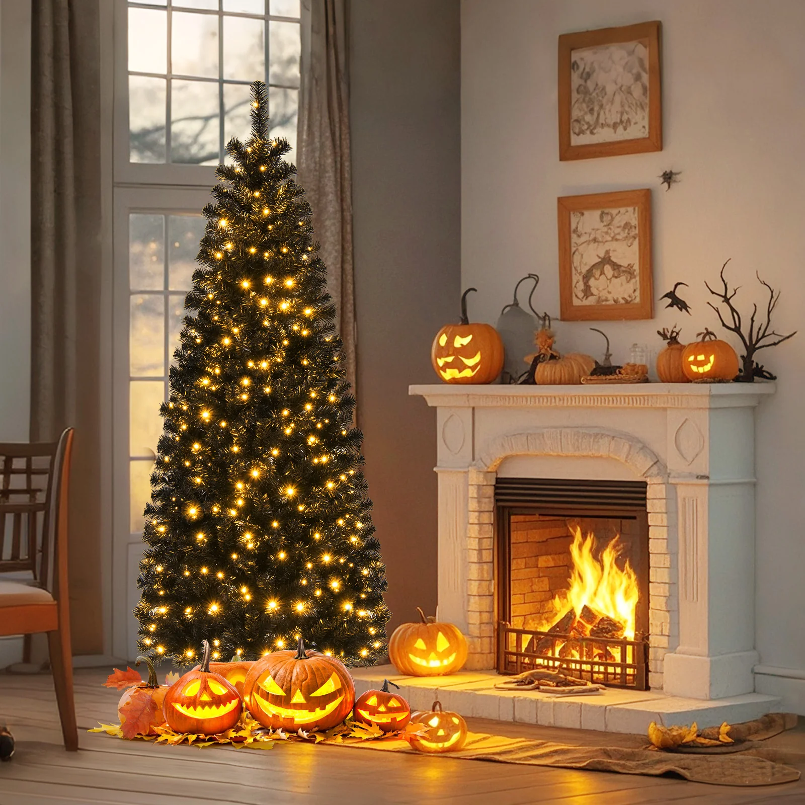 Pre-Lit Christmas Halloween Tree, PVC Branch Tips, Warm White Lights, 6', Black - Image 3