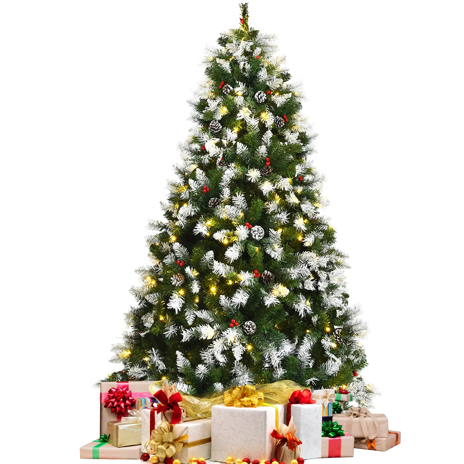 Pre-Lit Snow Flocked Christmas Tree, Red Berries, LED Lights, 6 Feet, Green - Image 8