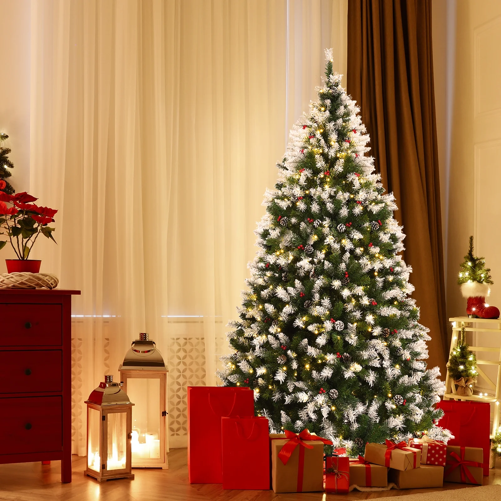 Pre-Lit Snow Flocked Christmas Tree, Red Berries LED Lights, 7.5 Feet, Green - Image 3