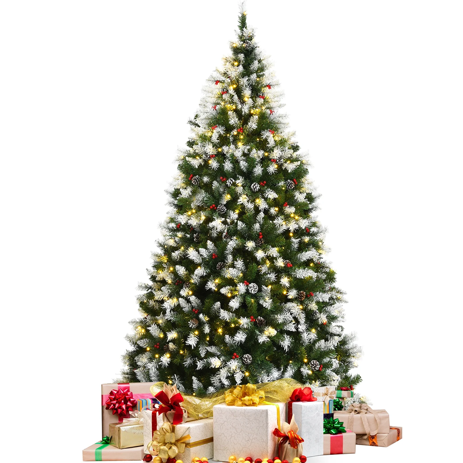 Pre-Lit Snow Flocked Christmas Tree, Red Berries LED Lights, 7.5 Feet, Green - Image 9