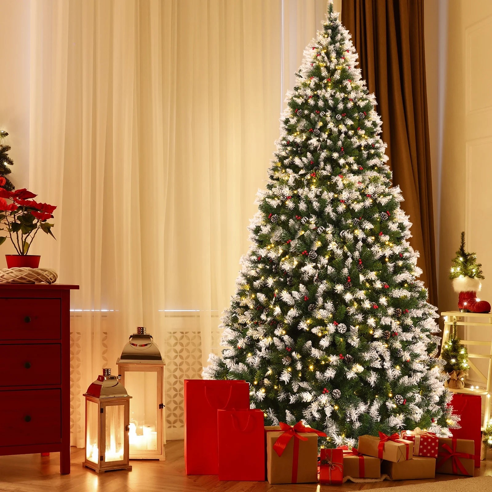 Pre-Lit Snow Flocked Christmas Tree, Red Berries, LED Lights, 9 Feet, Green - Image 3