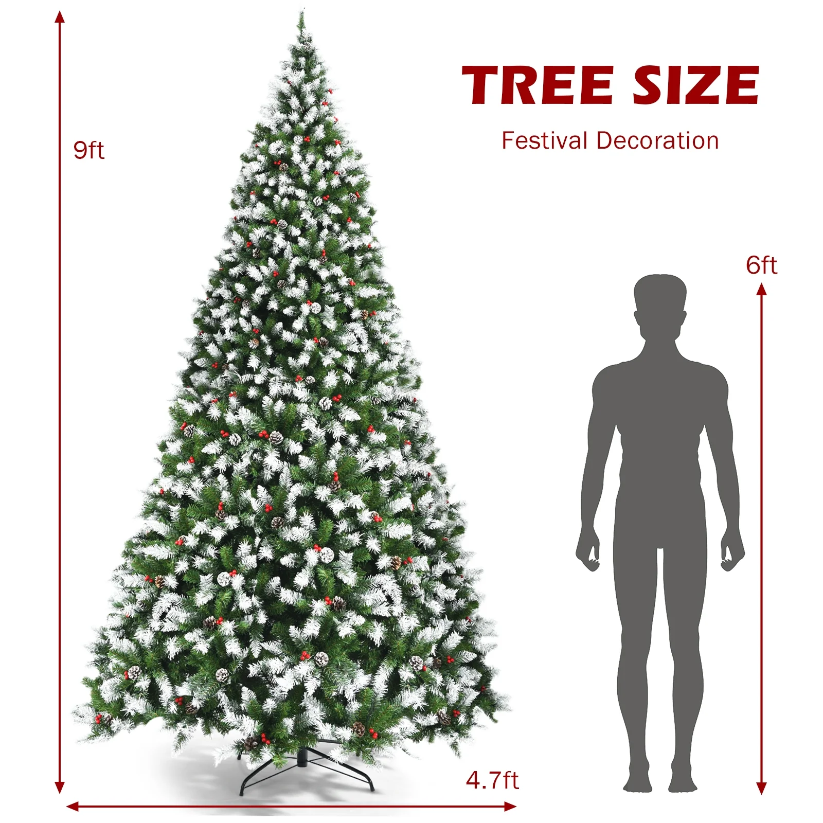 Pre-Lit Snow Flocked Christmas Tree, Red Berries, LED Lights, 9 Feet, Green - Image 6