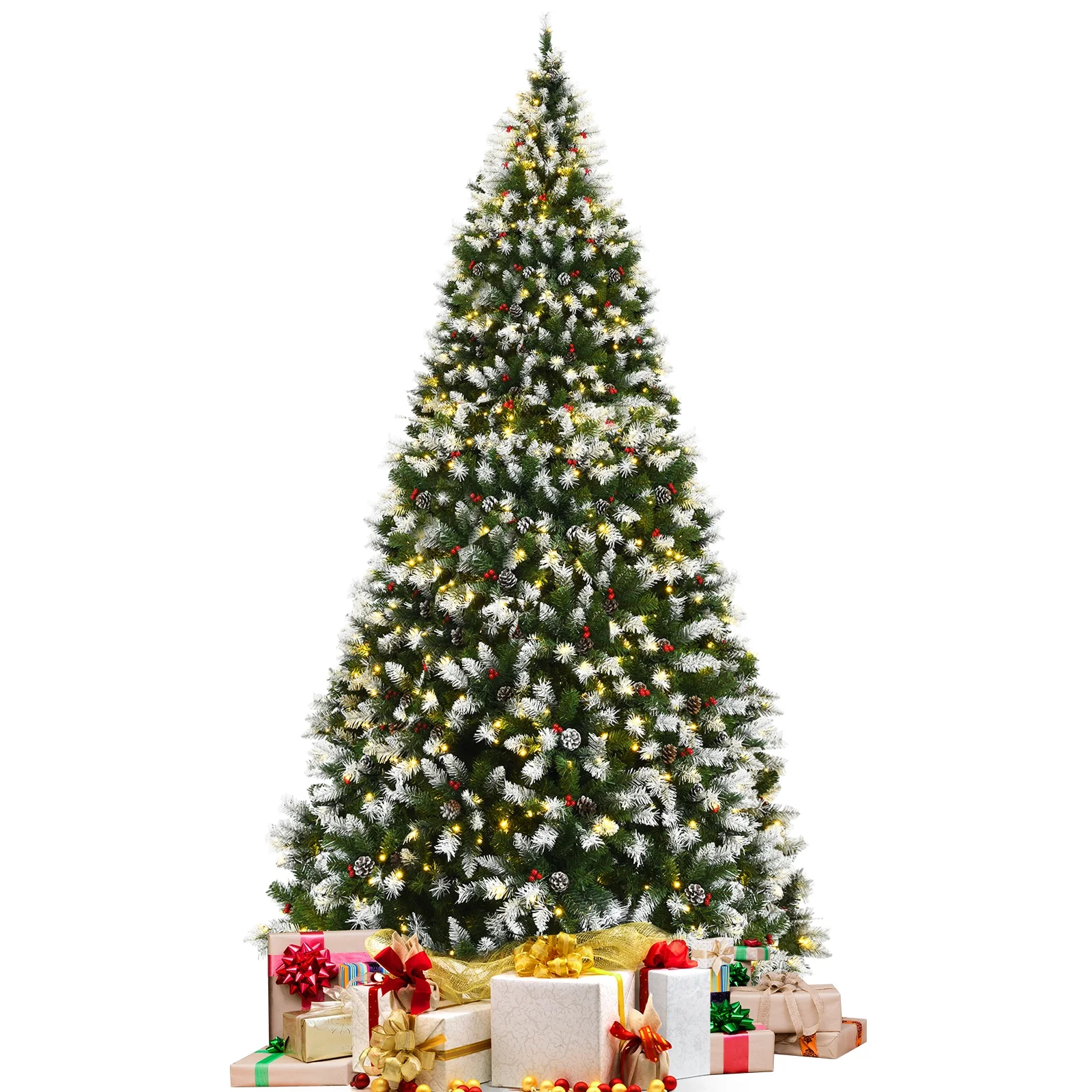 Pre-Lit Snow Flocked Christmas Tree, Red Berries, LED Lights, 9 Feet, Green - Image 9