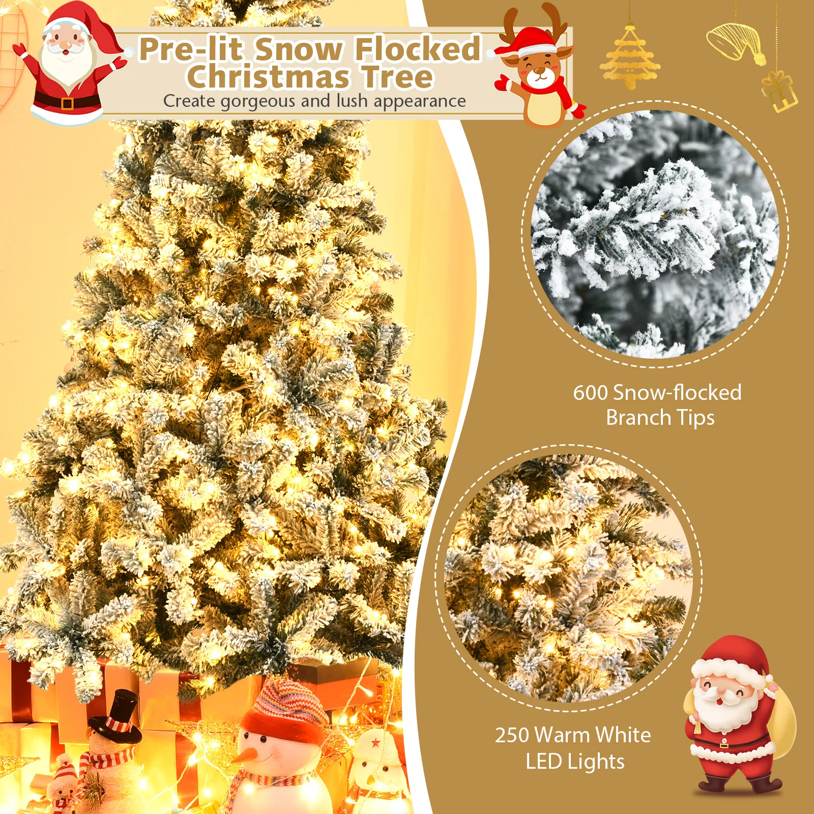 Pre-Lit Snow Flocked Hinged Artificial Christmas Tree, 6 ft, White - Image 8
