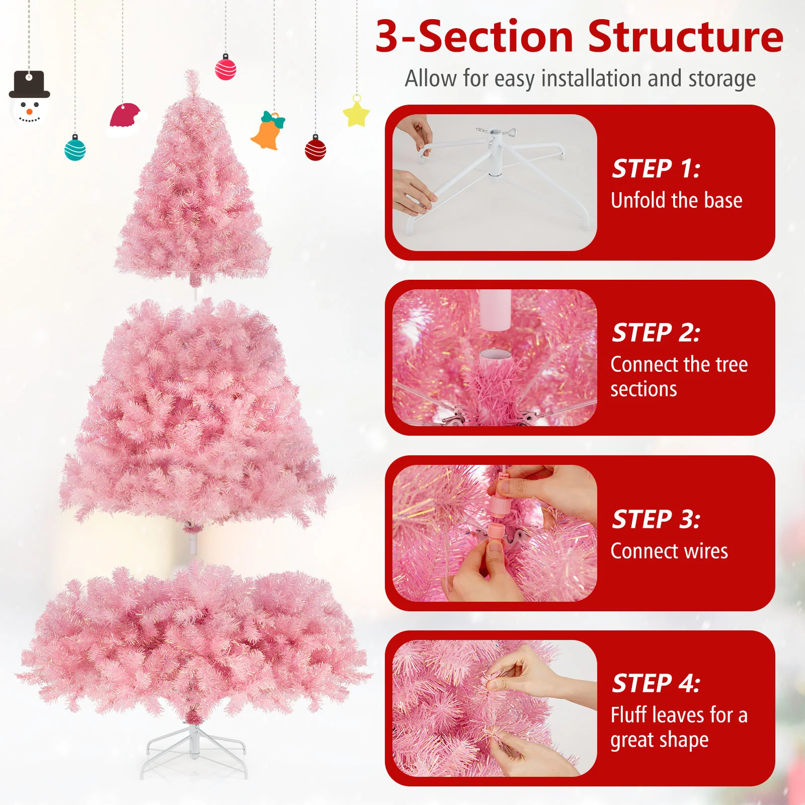 Pre-Lit Tinsel Christmas Tree, Artificial Xmas Tree, Lush Branch Tips, 6ft, Pink - Image 10