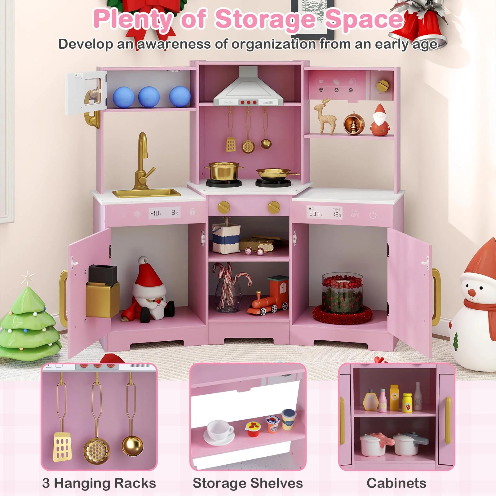Pretend Play Kitchen Wooden Toy Set with Range Hood Real Sounds and Lights, Pink - Image 10